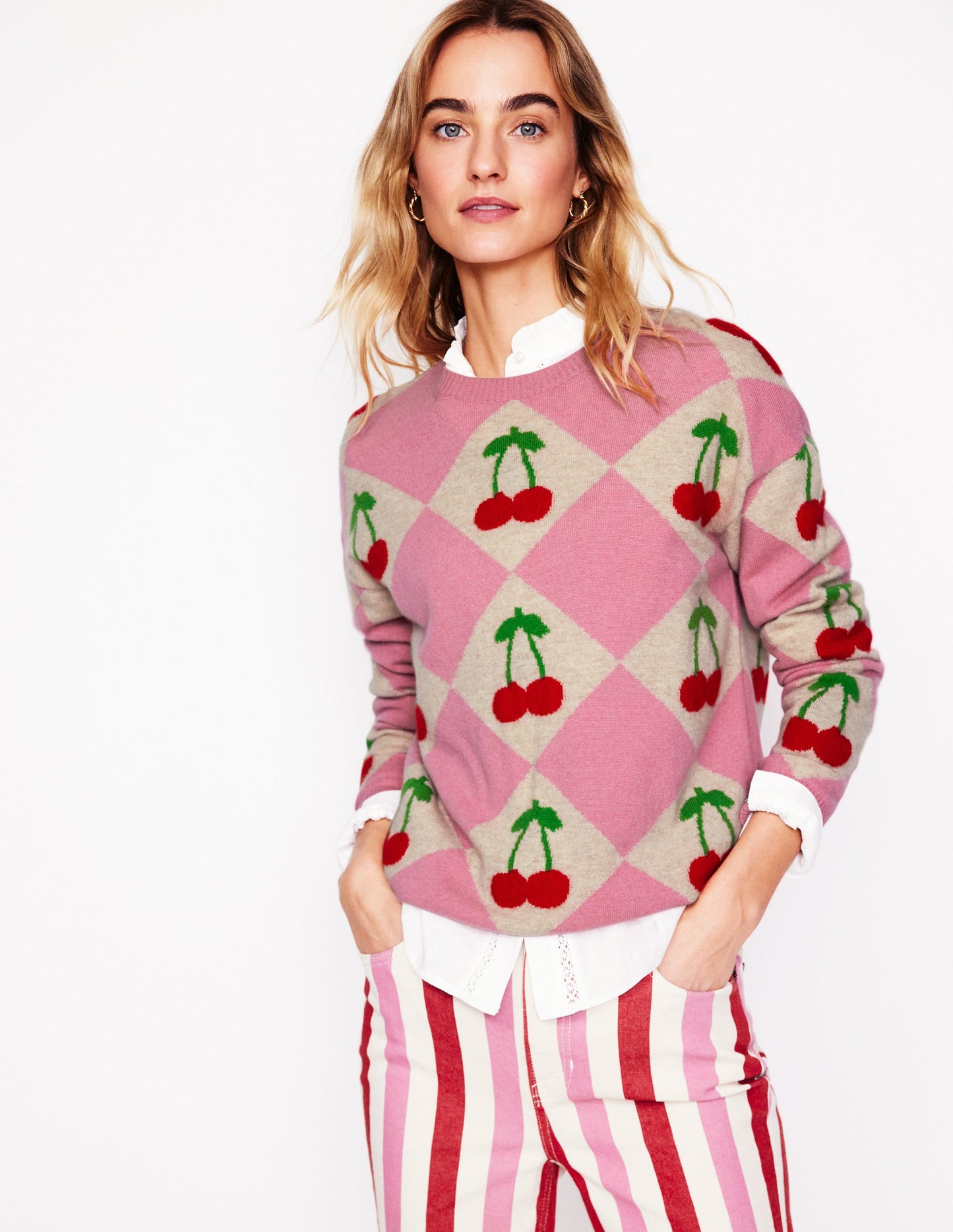 Lydia Kaschmirpullover-Rosa, Kirsch-Argyle