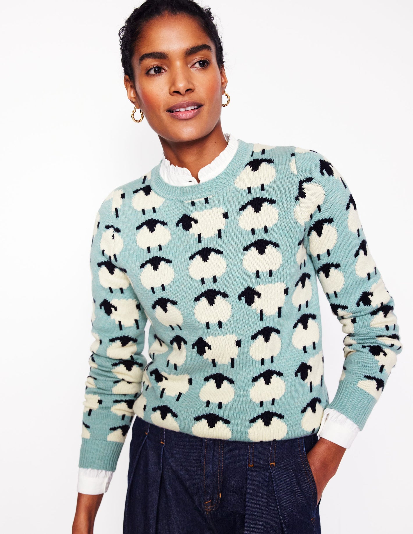 Pull Heather en jacquard-Bleu brume marine, moutons