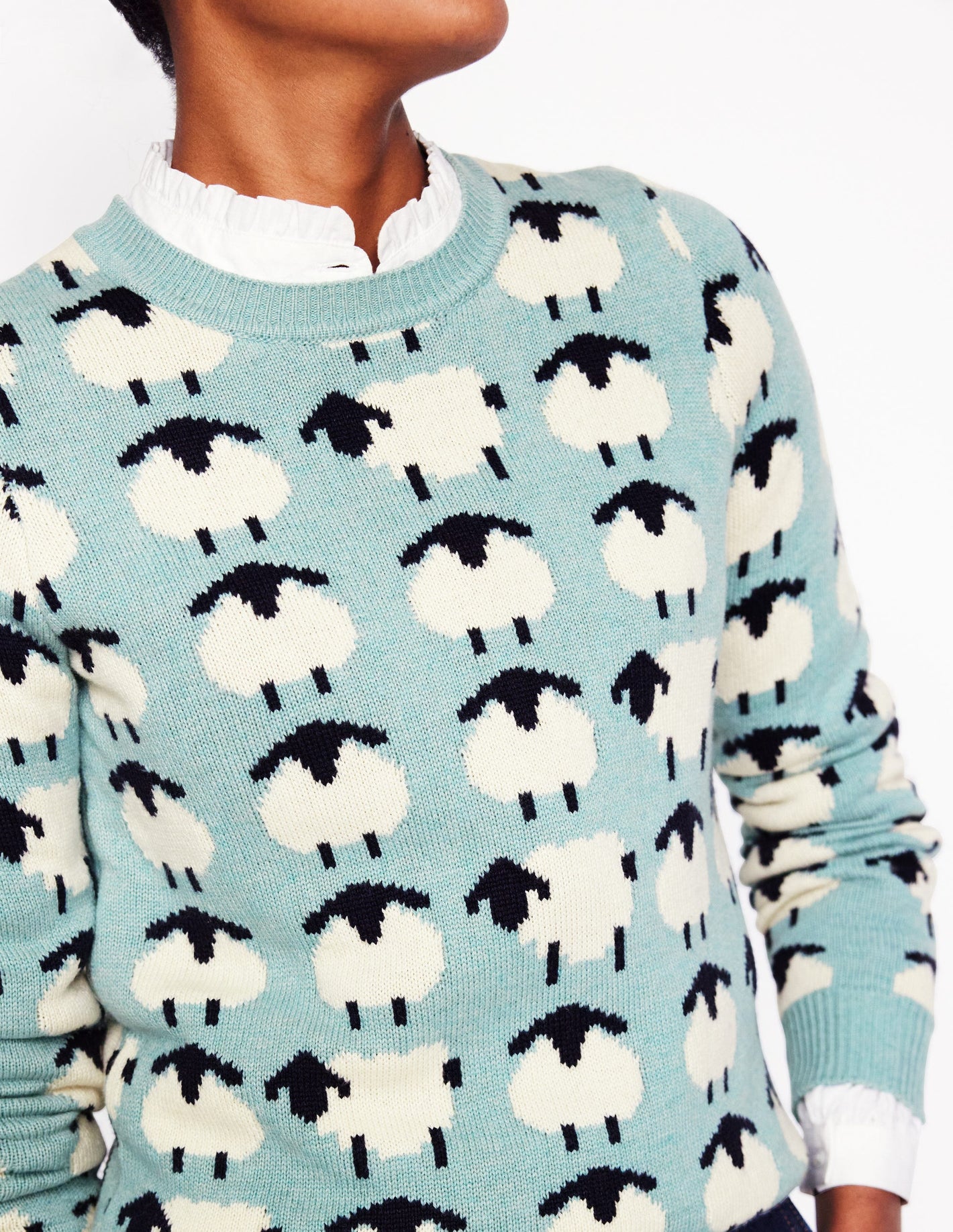 Pull Heather en jacquard-Bleu brume marine, moutons