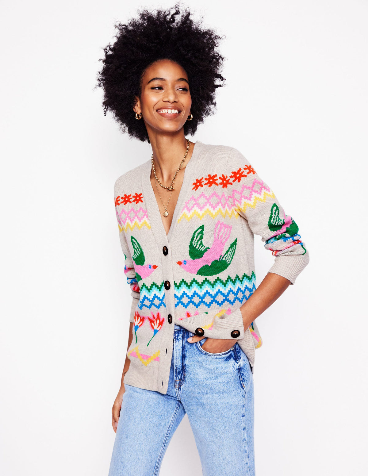 Quinn Strickjacke im Boyfriend-Stil-Hafer eliert, Vögel - Image 1