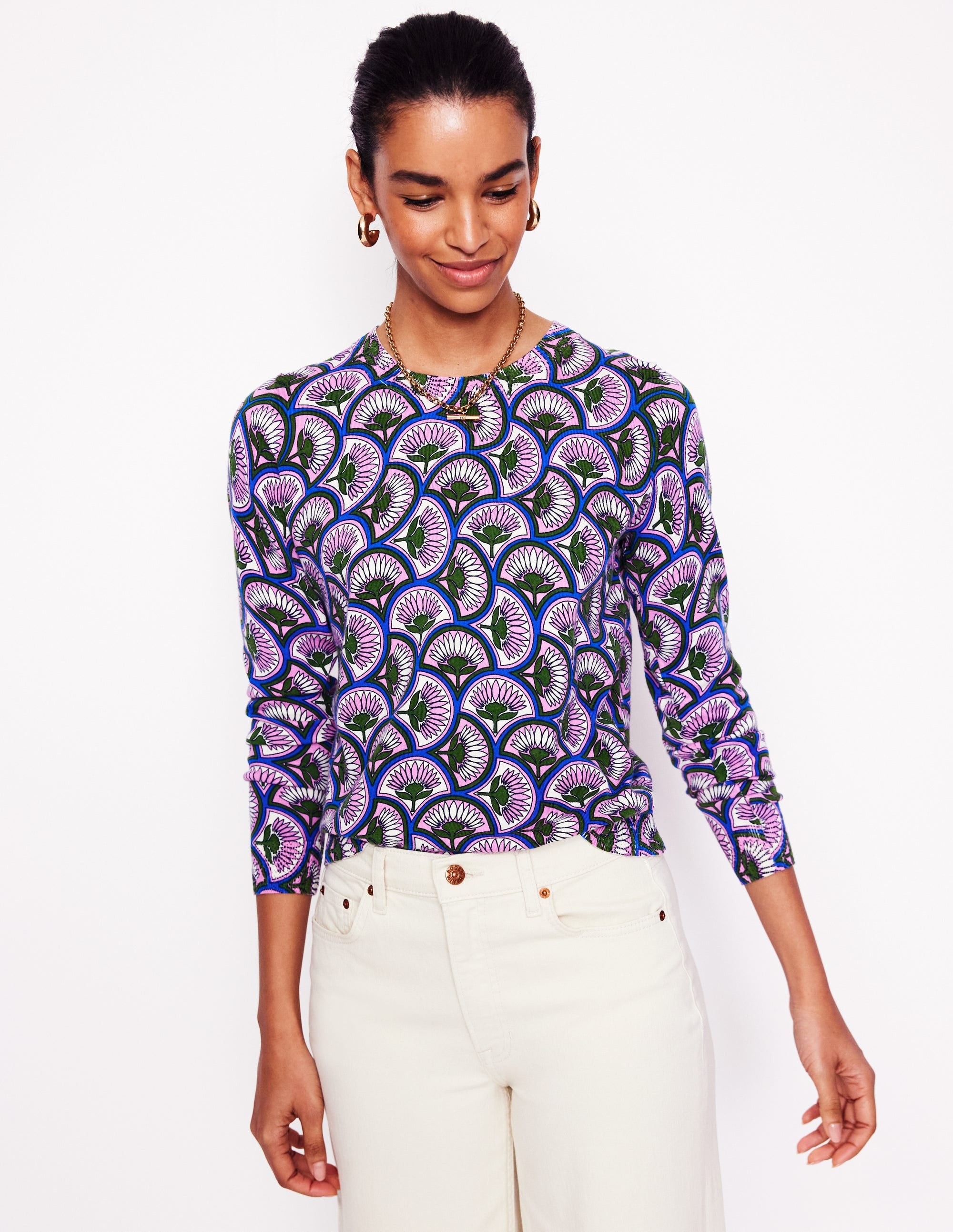 Pull col rond Emilia en coton-Rose lavande tendre, motif Daisy Arc - Image 1