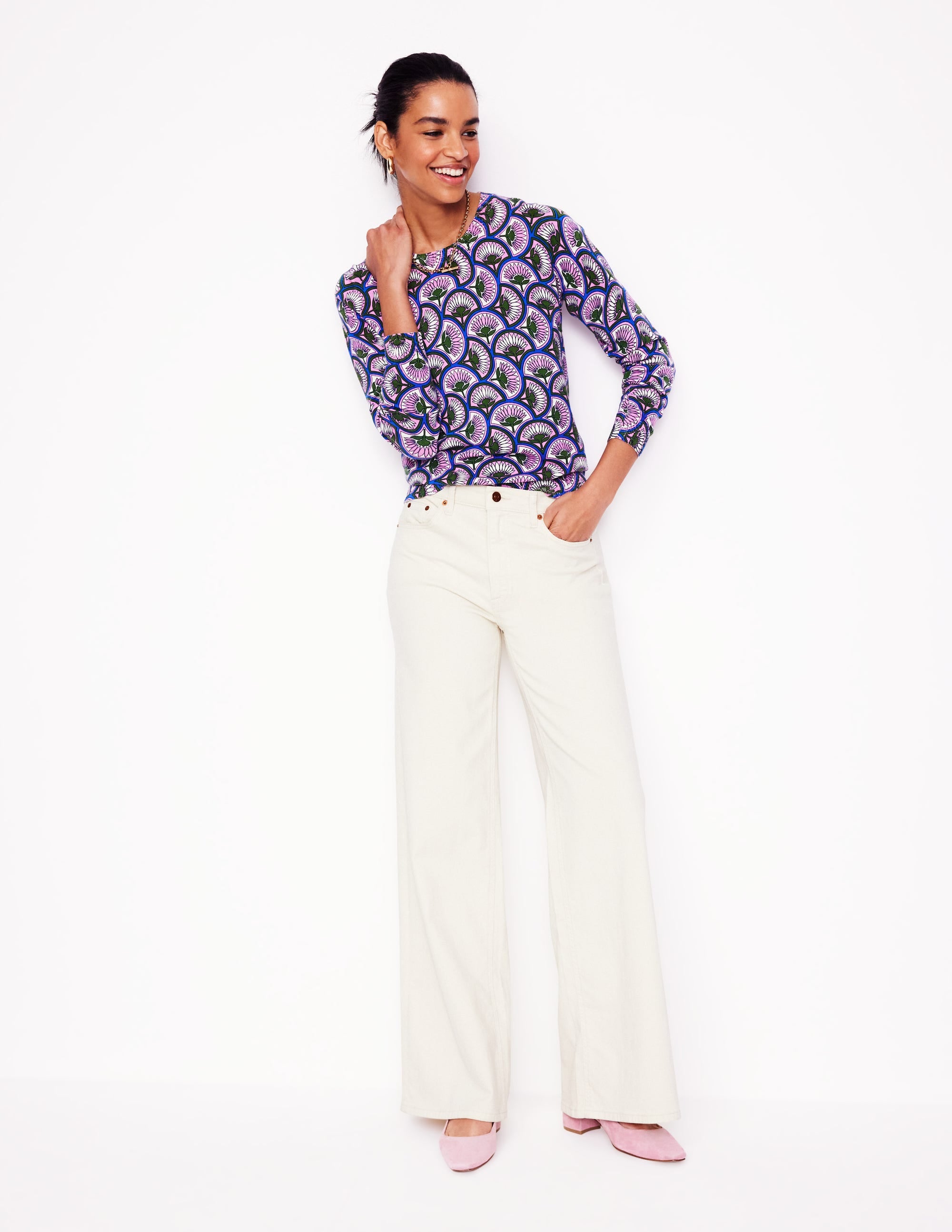 Pull col rond Emilia en coton-Rose lavande tendre, motif Daisy Arc - Image 4