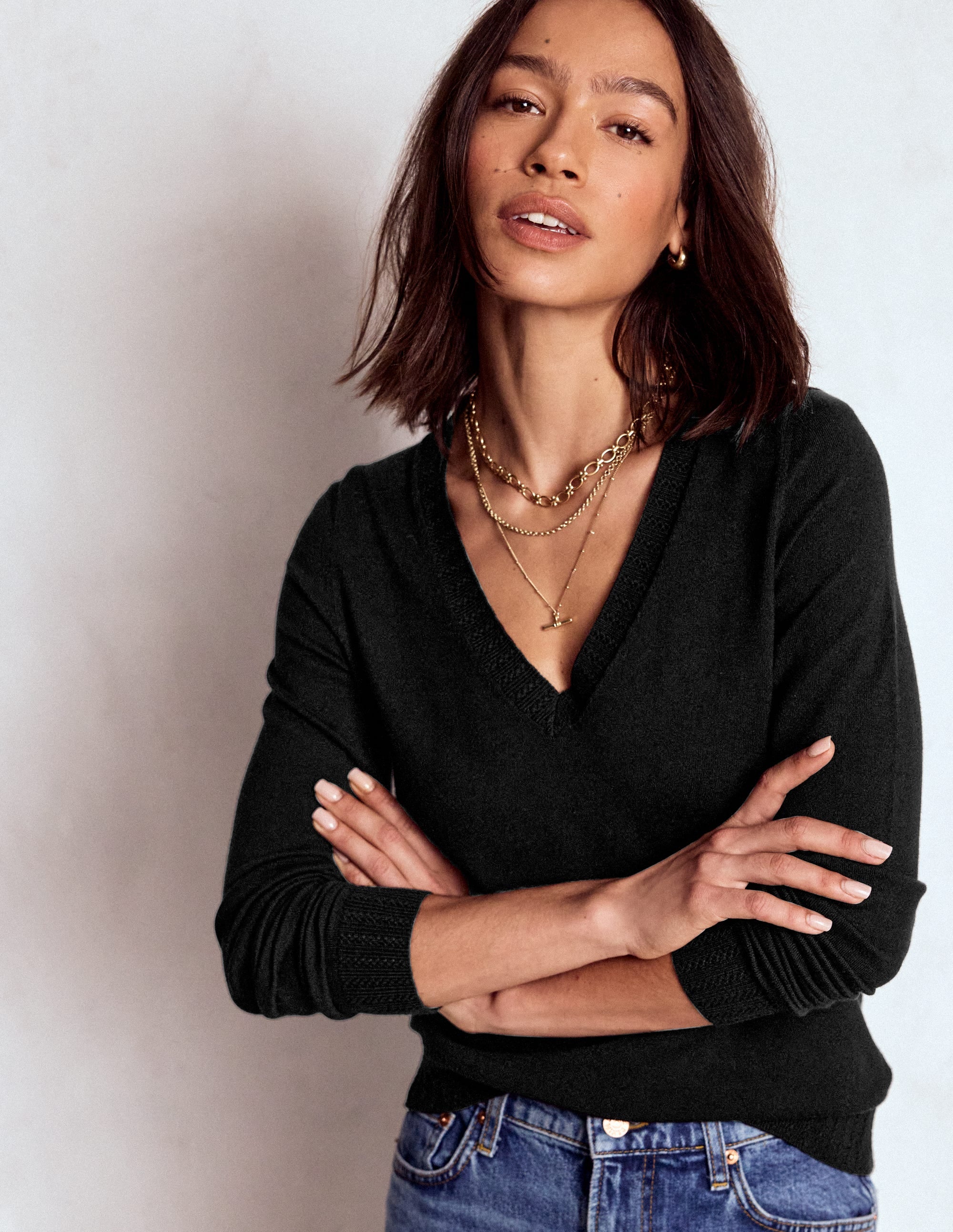Emilia Baumwollpullover mit V-Ausschnitt-Schwarz - Image 4