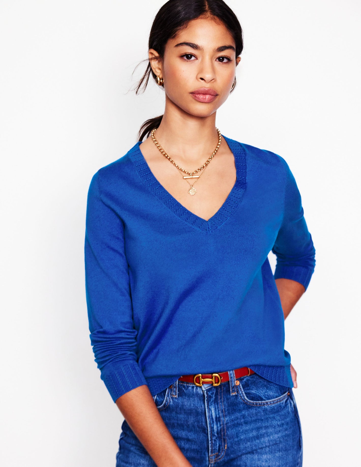 Emilia Cotton V Neck Jumper-Bright Blue