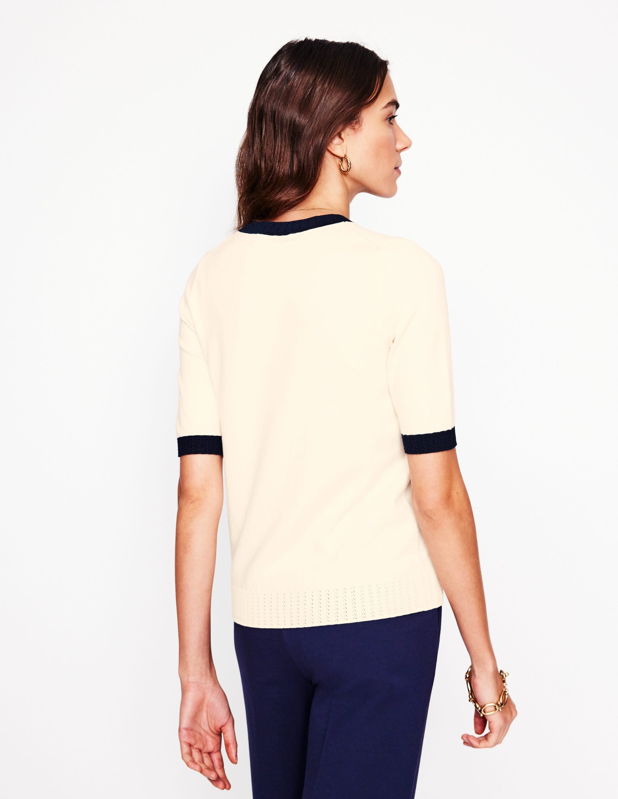 Emilia Baumwoll-T-Shirt mit Rundhalsausschnitt-Warmes Naturweiß, Marineblau - Image 3