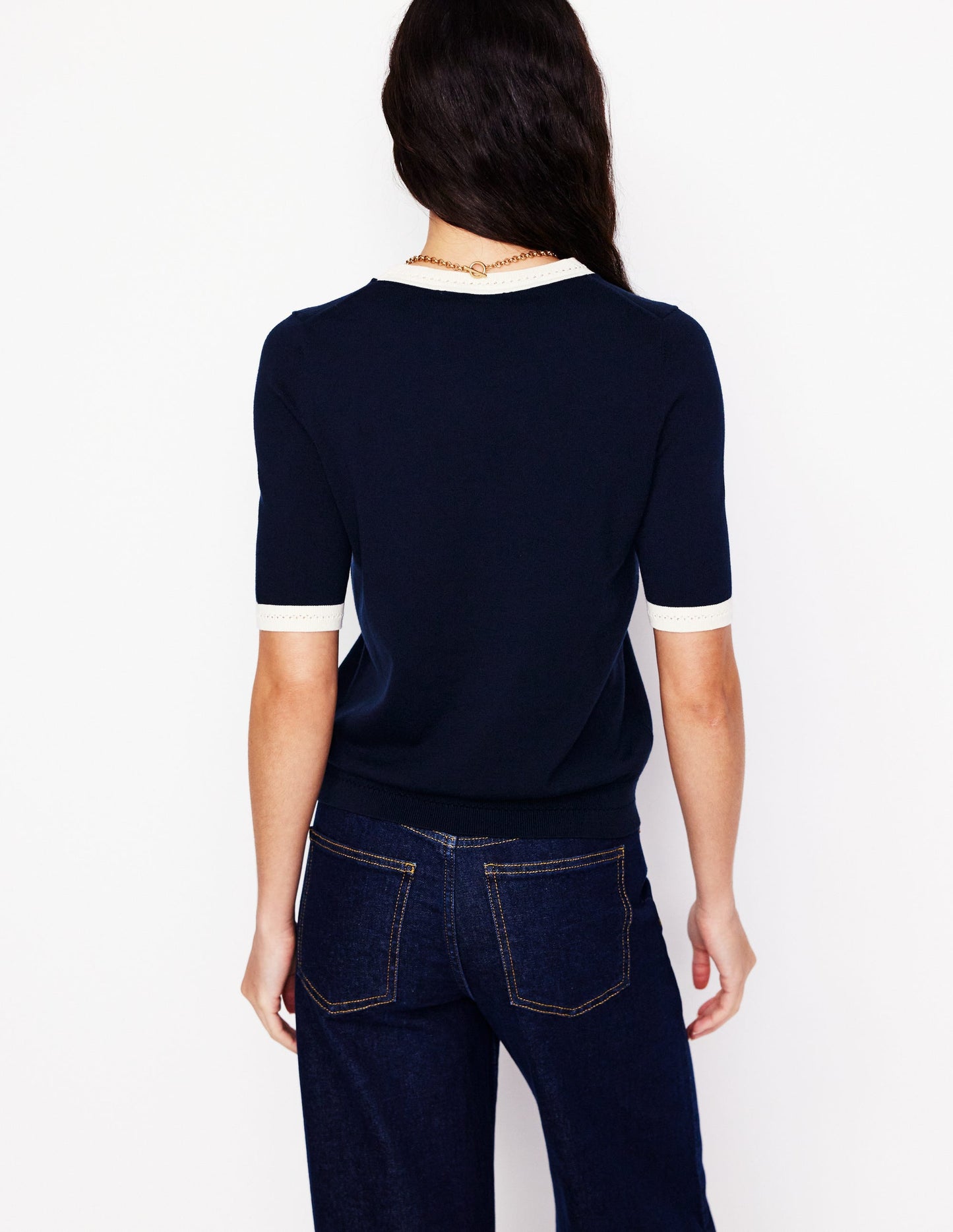 Emilia Cotton Crew T-shirt-Navy, Warm Ivory