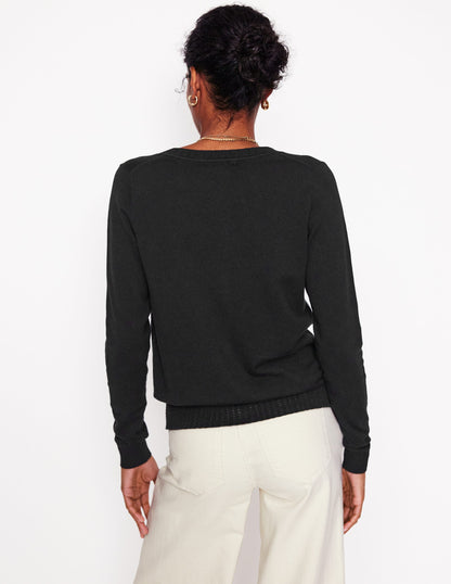 Emilia Cotton Crew Cardigan-Black