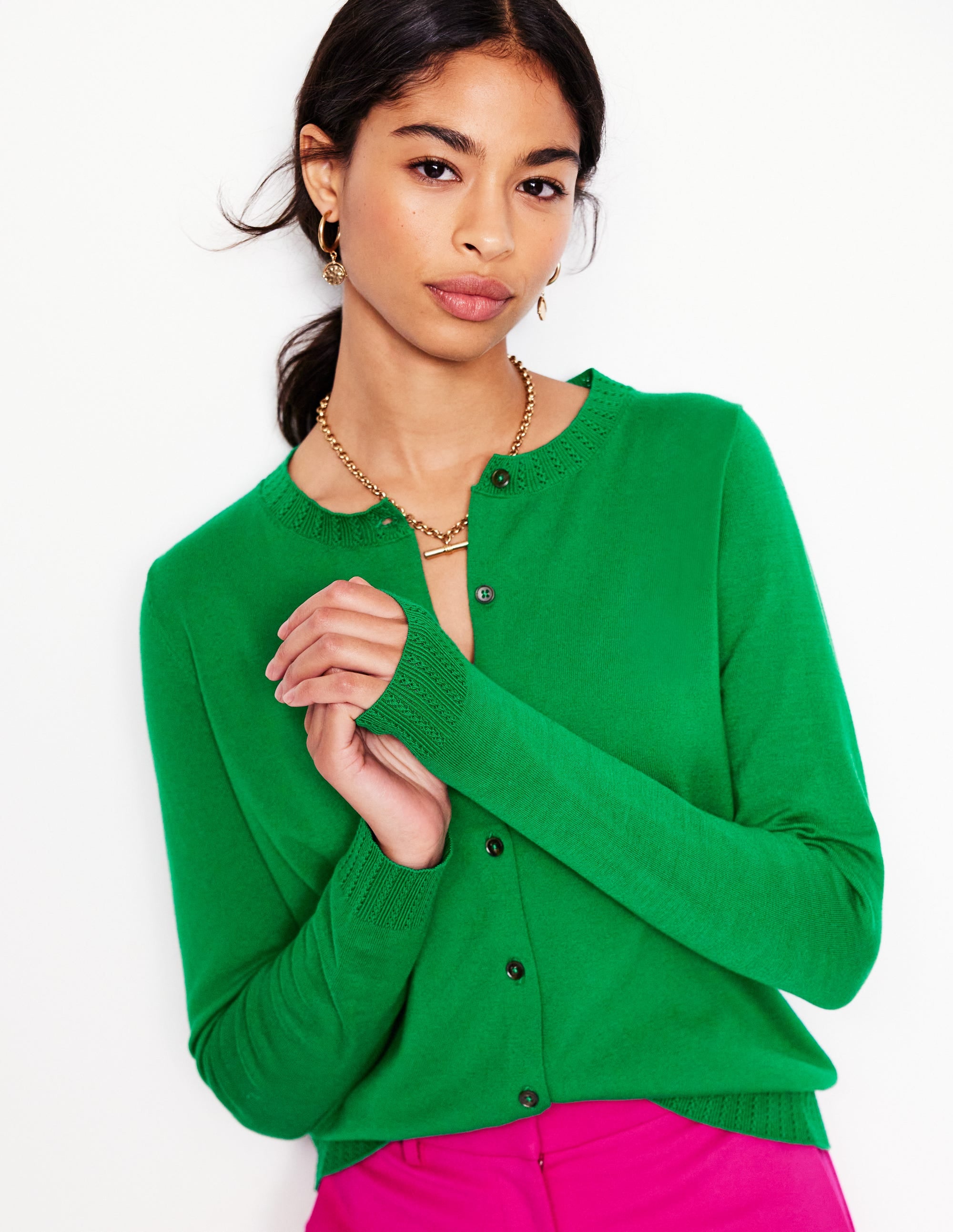 Emilia Baumwollstrickjacke mit Rundhalsausschnitt-Grünes Tamburin - Image 1