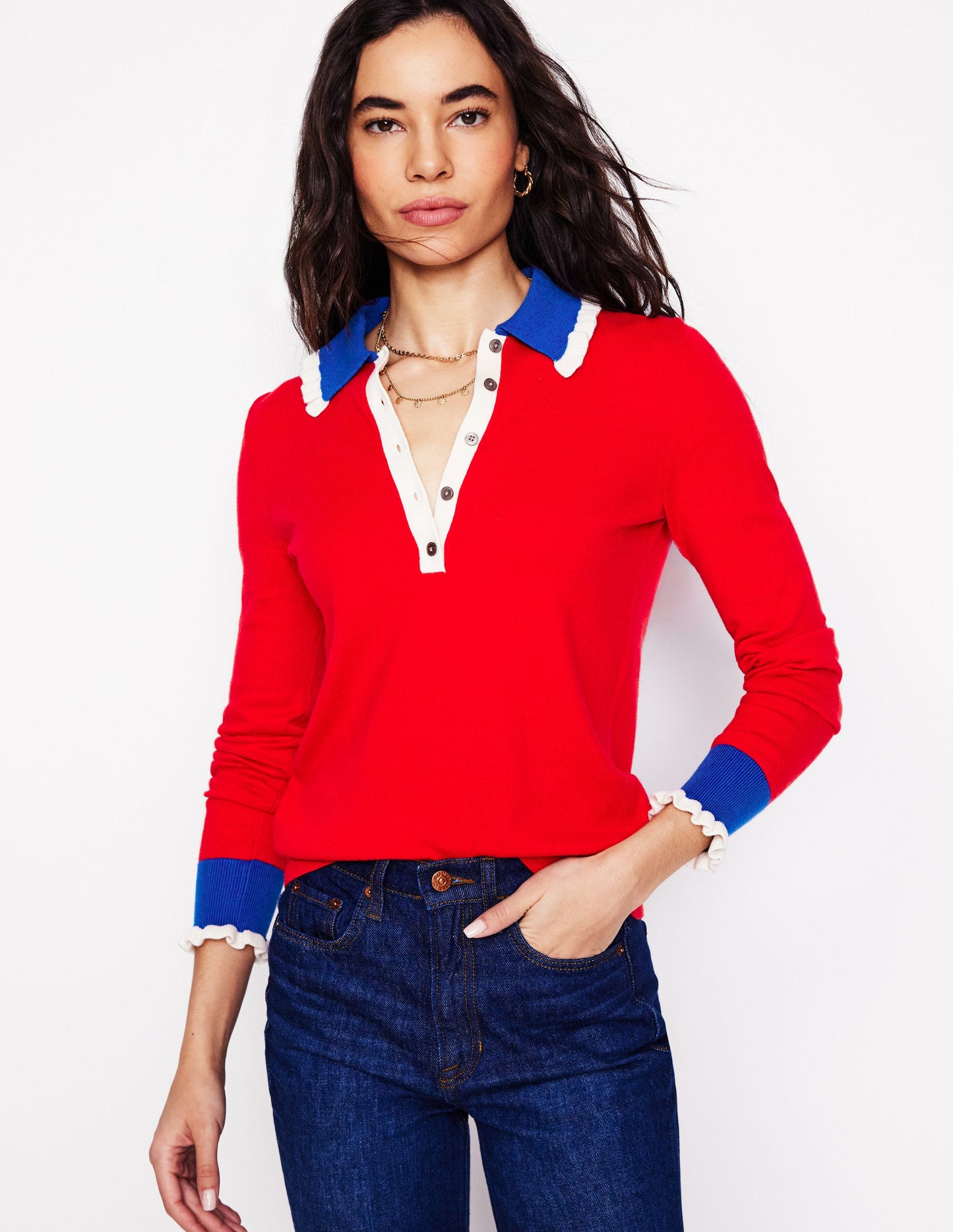 Cotton-Blend Frill Jumper-Poppy Red