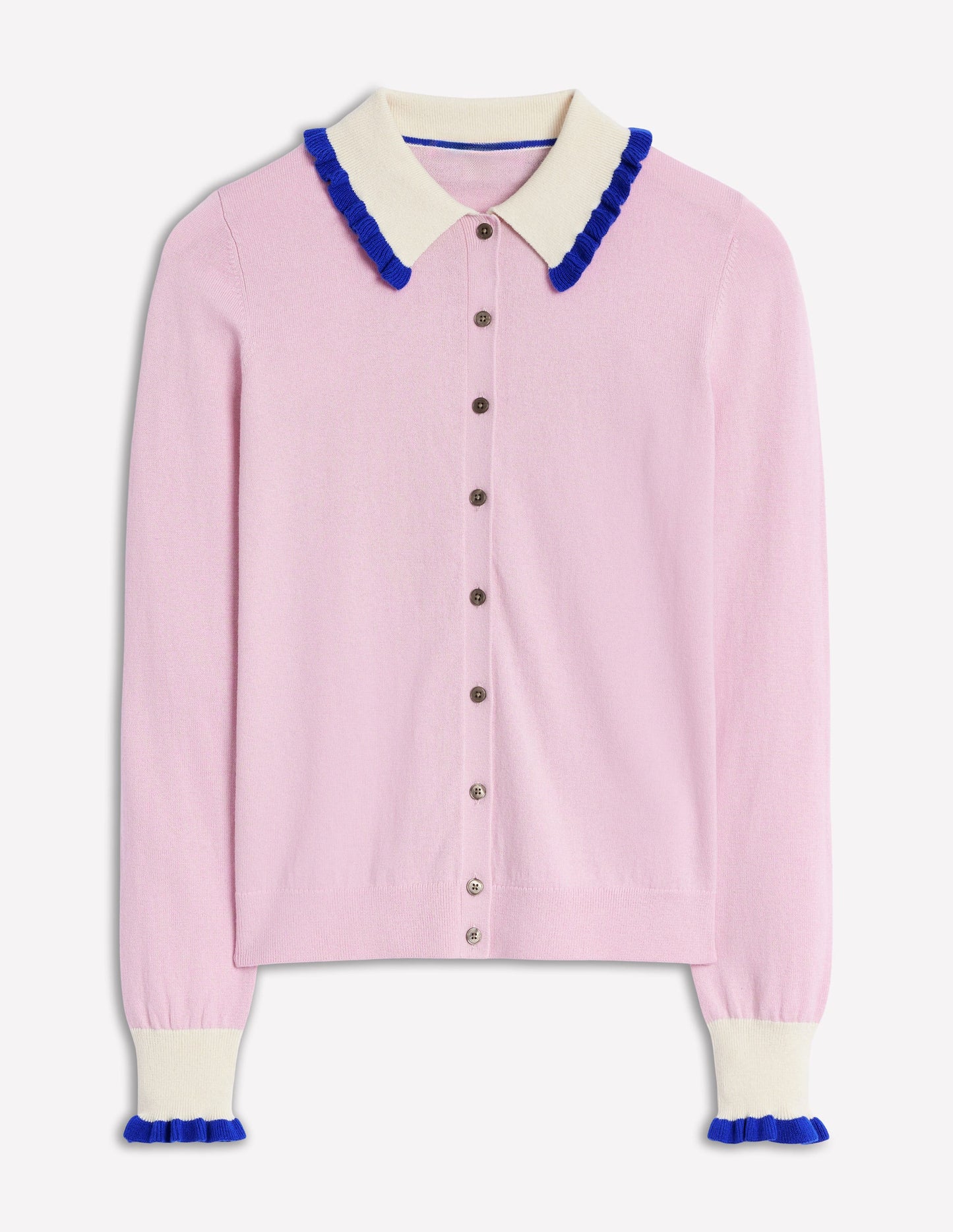 Frilled Cotton Blend Cardigan-Soft Lavender Pink