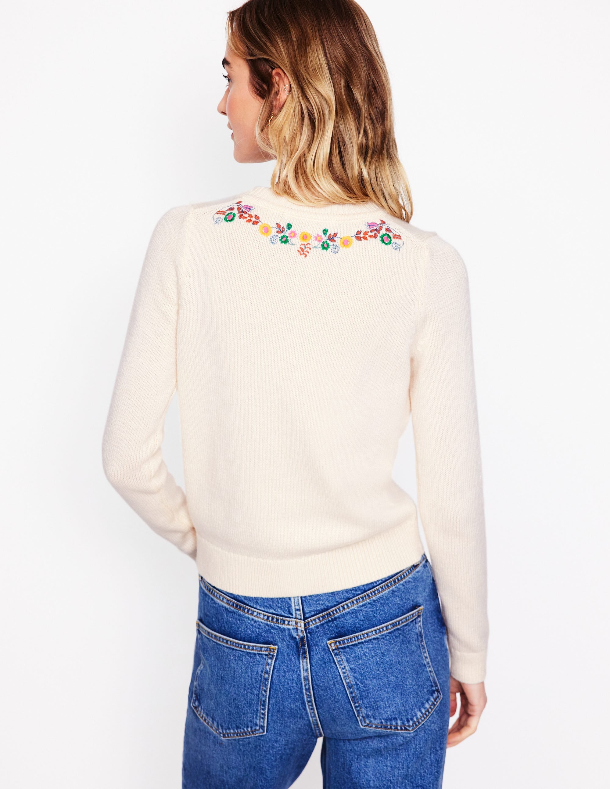 Bestickte Strickjacke mit Rundhalsausschnitt-Warmes Naturweiß, Pfau - Image 4