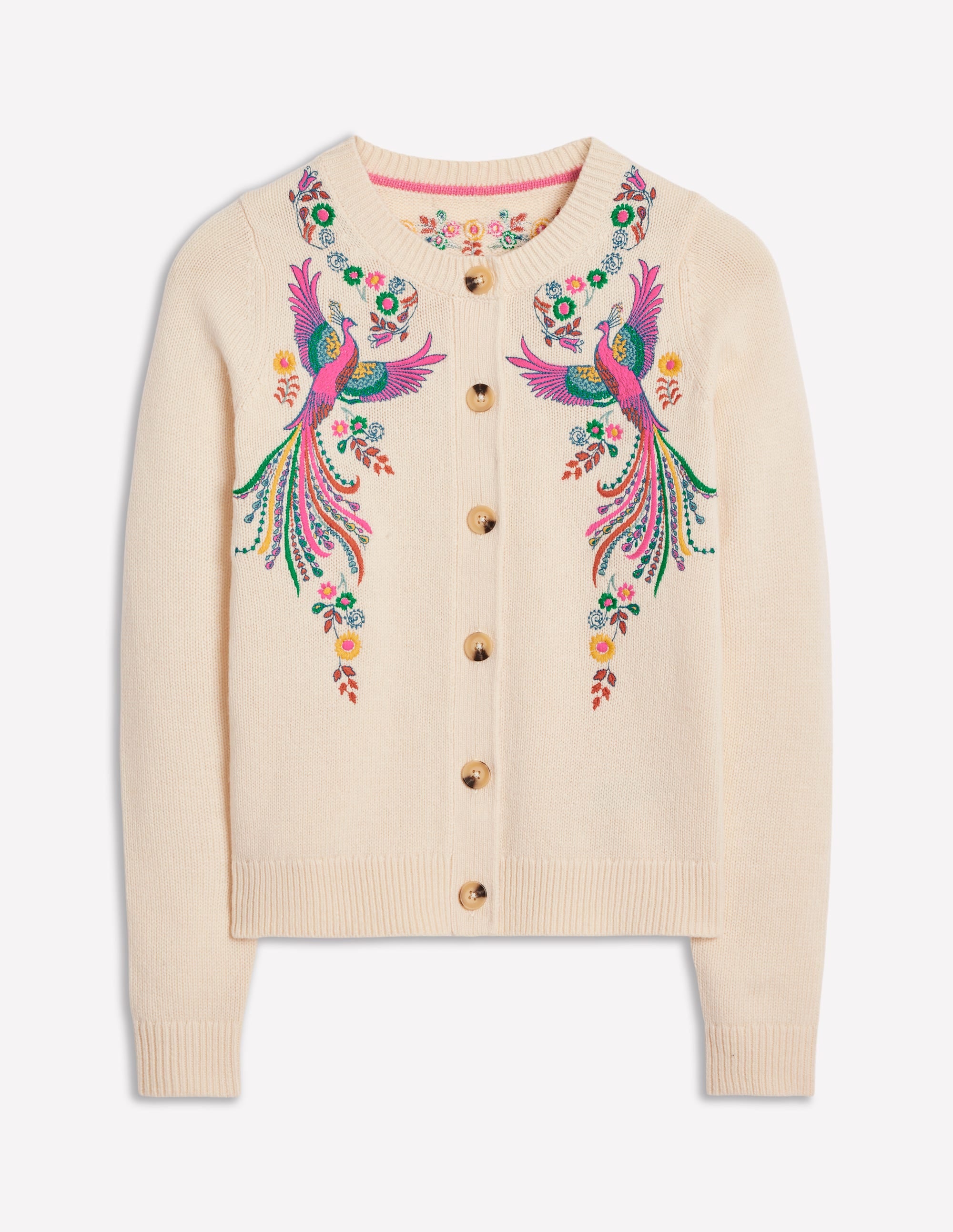 Bestickte Strickjacke mit Rundhalsausschnitt-Warmes Naturweiß, Pfau - Image 6