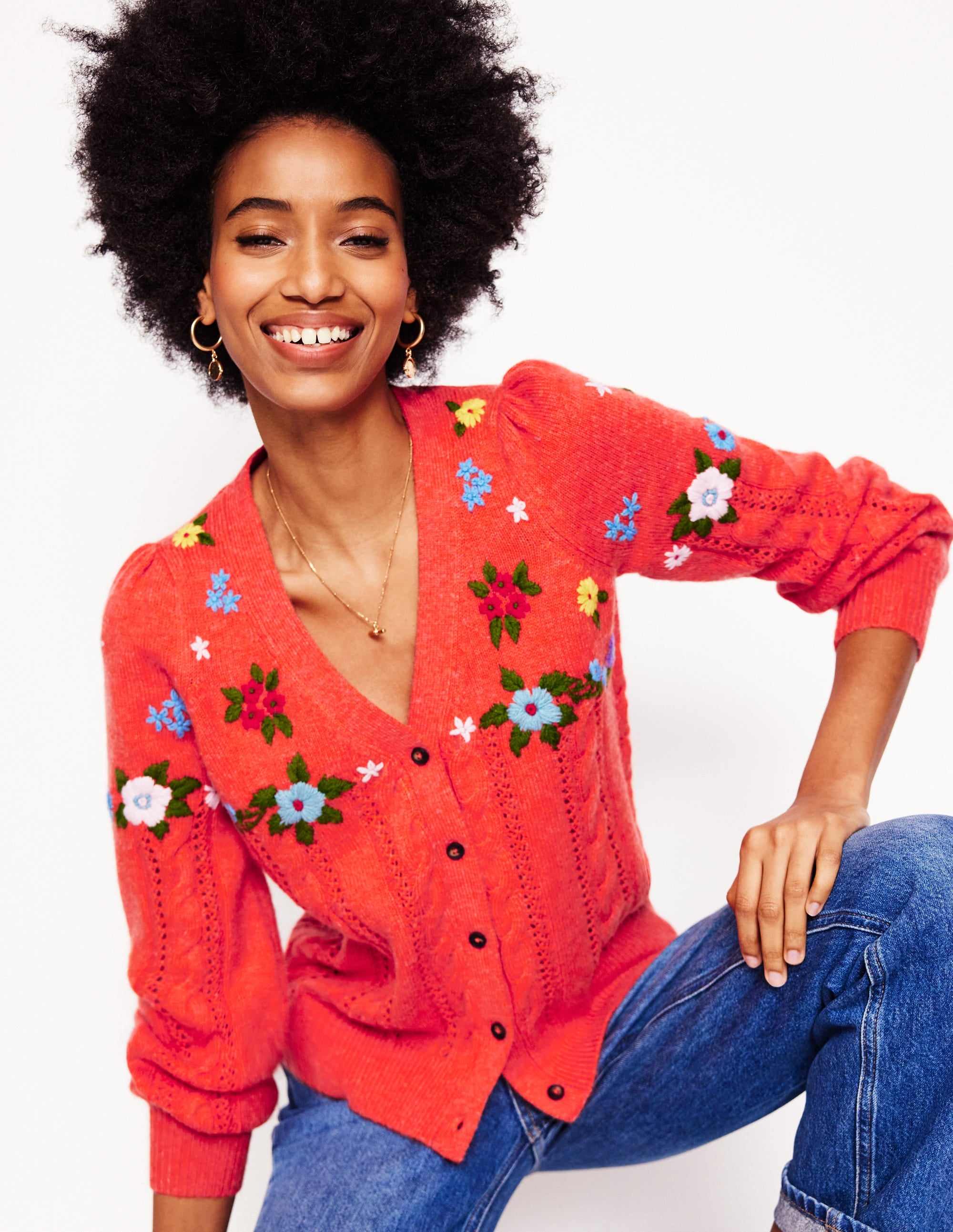 Flauschige Strickjacke mit Stickerei-Knallrot - Image 1