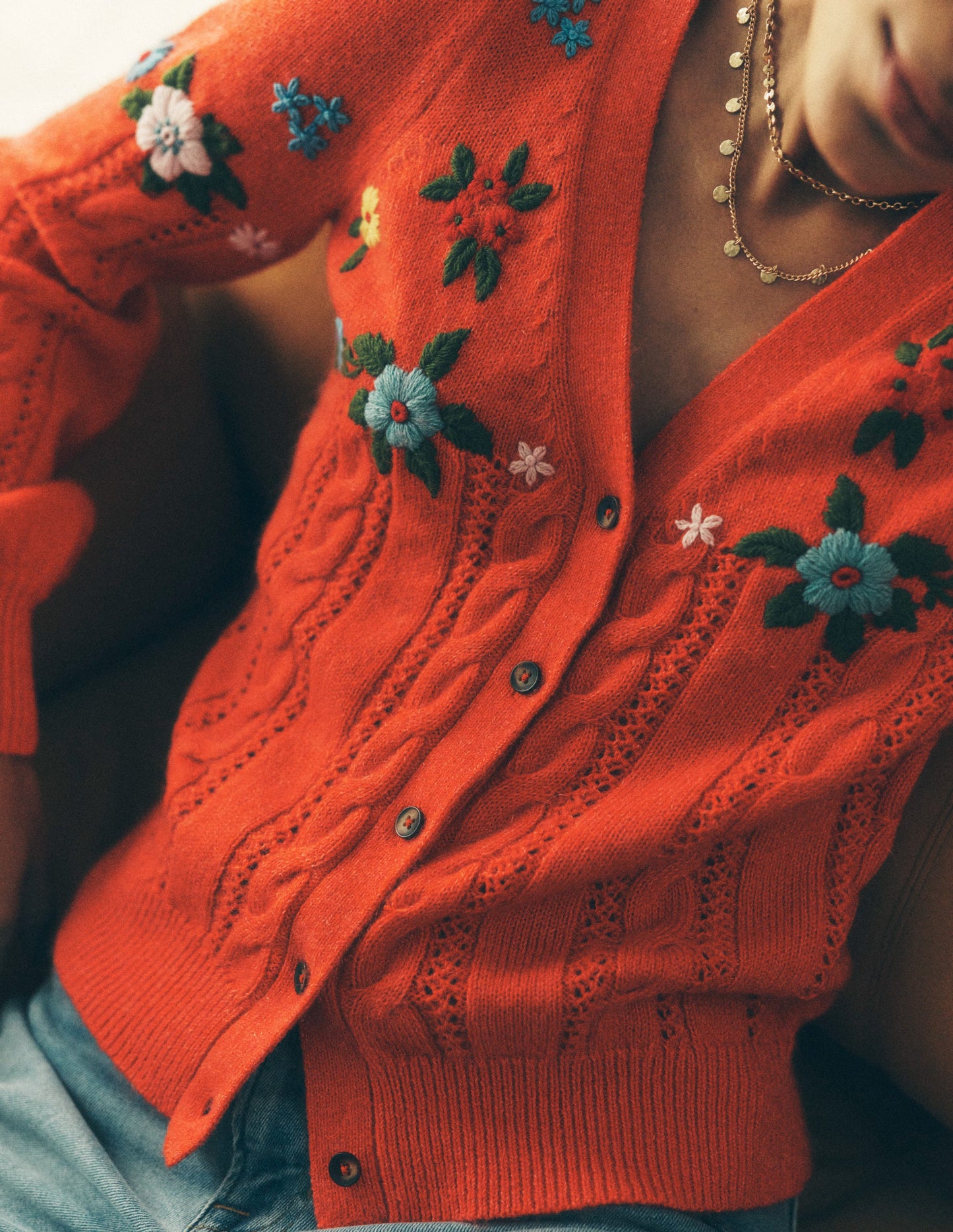 Fluffy Embroidered Cardigan-Firecracker Red