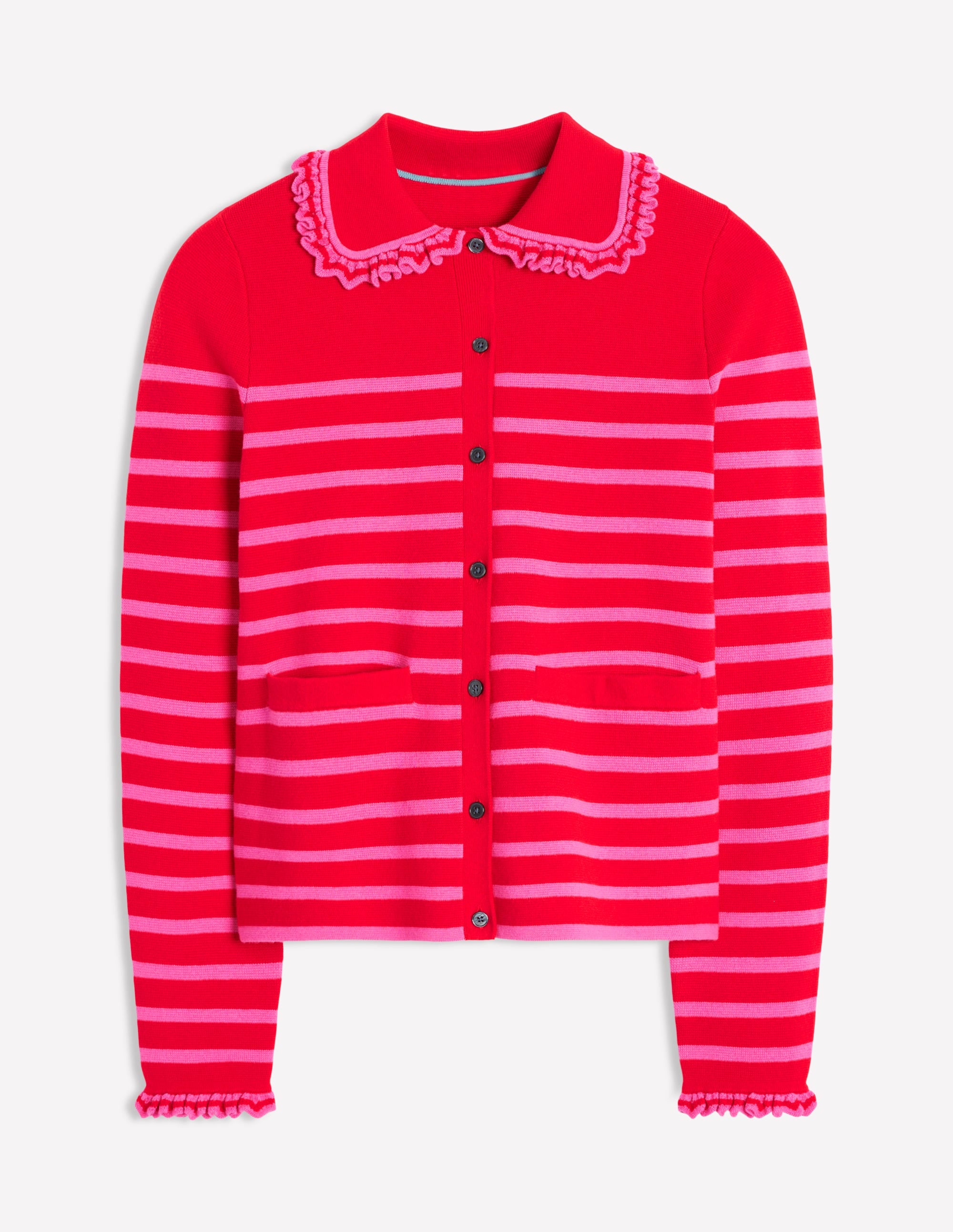Jessie Strickjacke mit Kragen und Rüschen-Mohnblumenrot, Sorbet-Rosa Streifen - Image 6