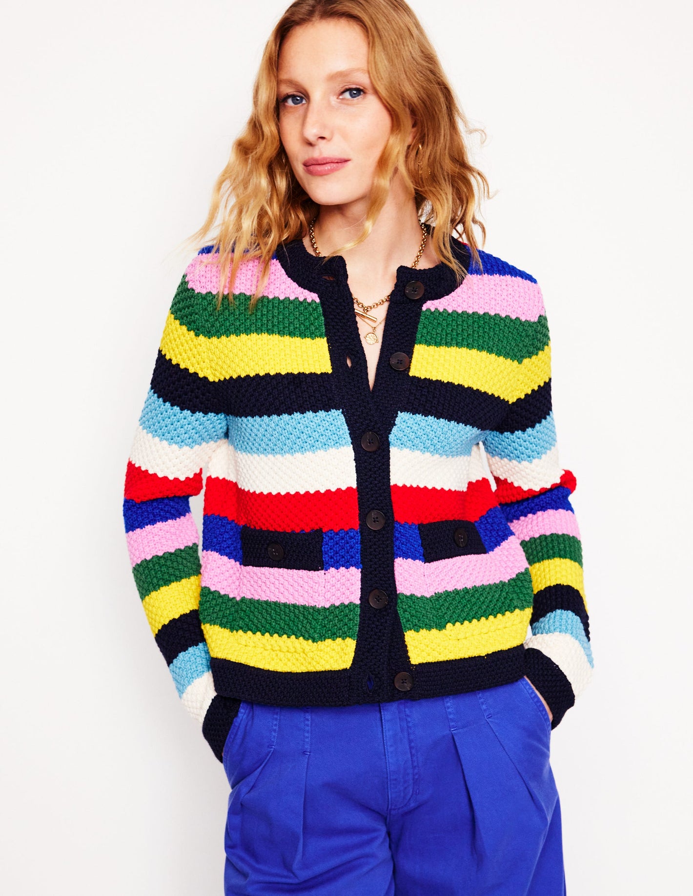 Libby Knitted Jacket-Poppy Red, Blue Multi