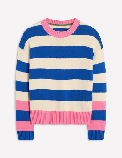 Lucinda Cotton Striped Jumper-Bright Blue, Pink Rose Cuff