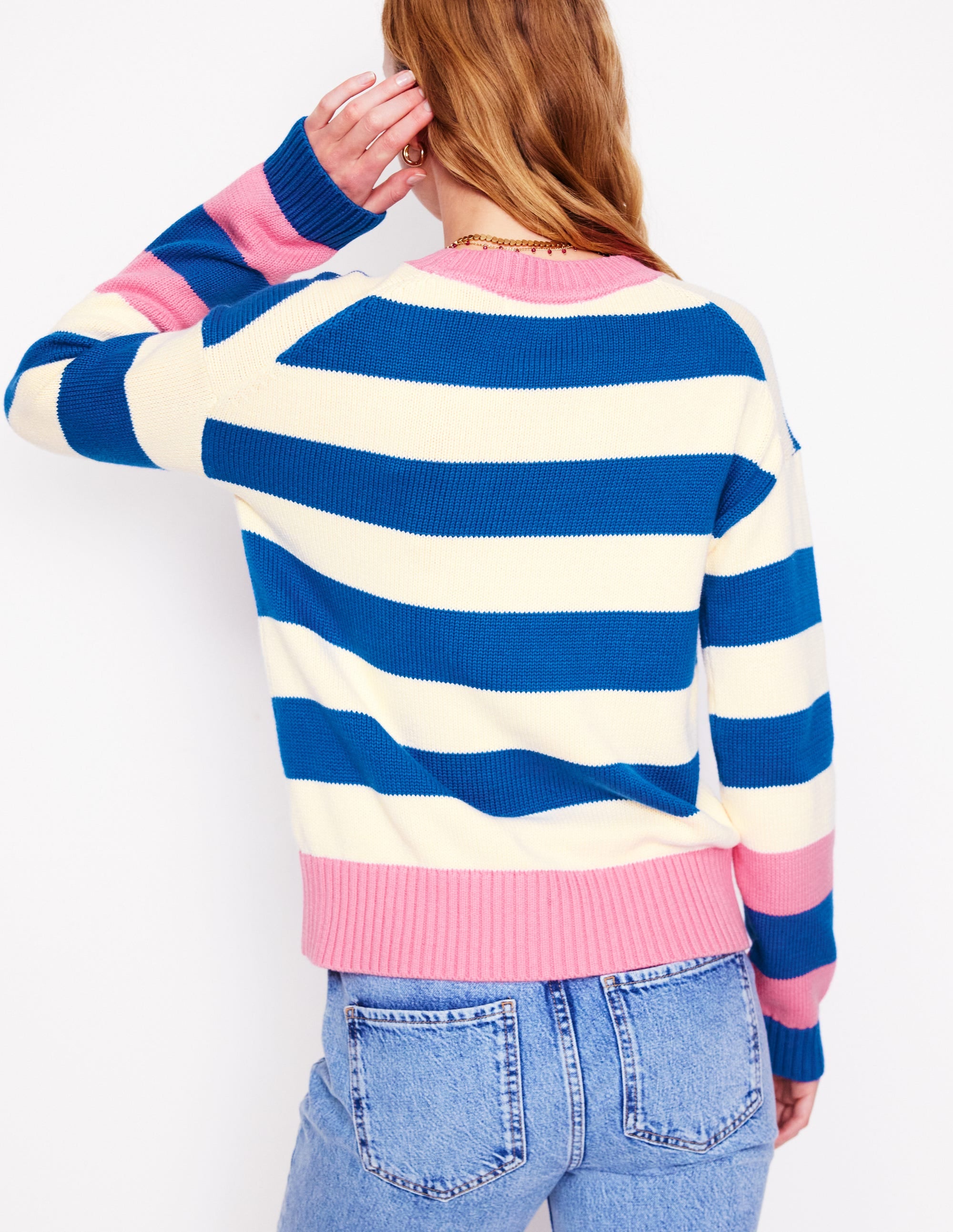 Pull Lucinda rayé en coton-Bleu vif, poignet rose - Image 4