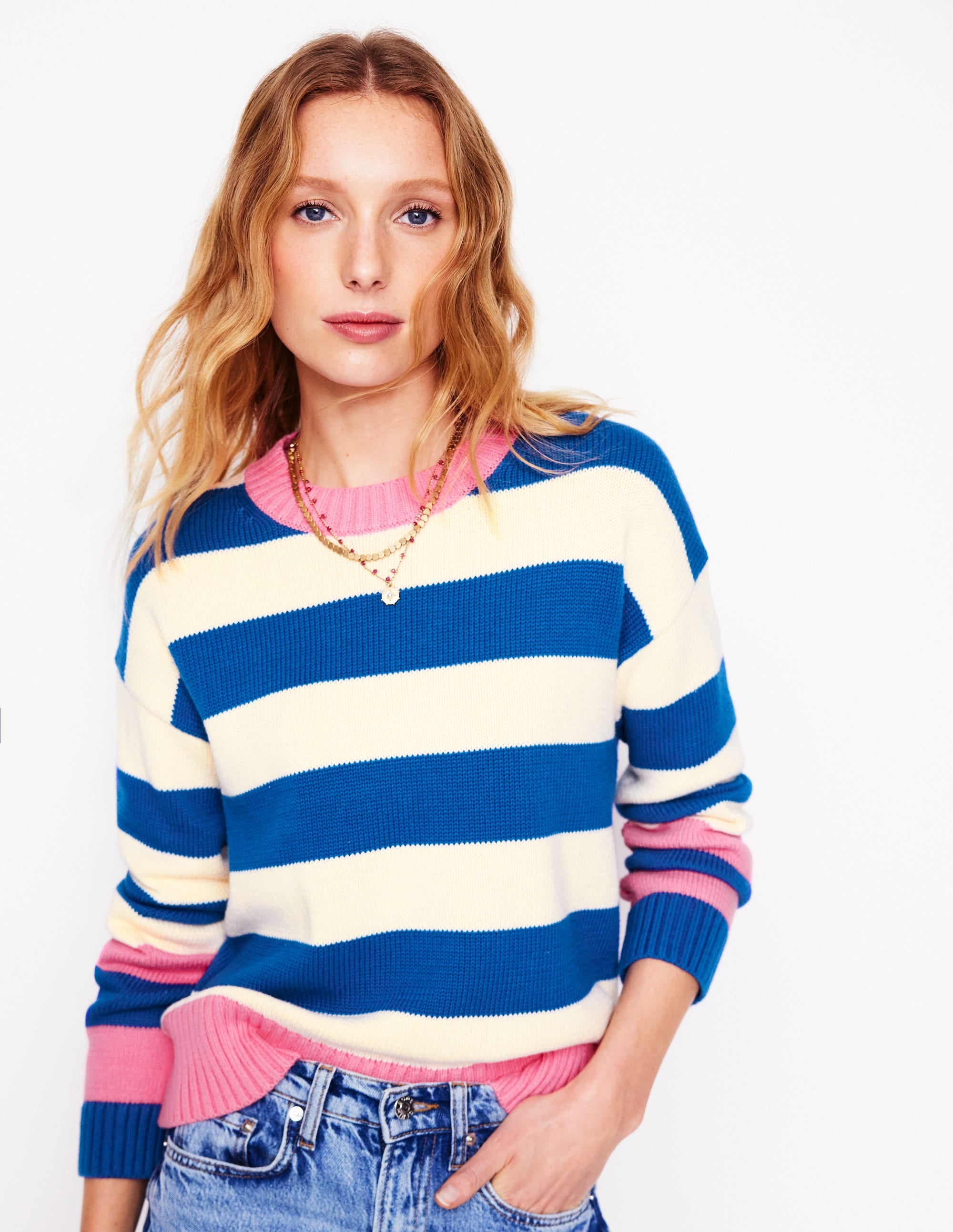 Pull Lucinda rayé en coton-Bleu vif, poignet rose - Image 5