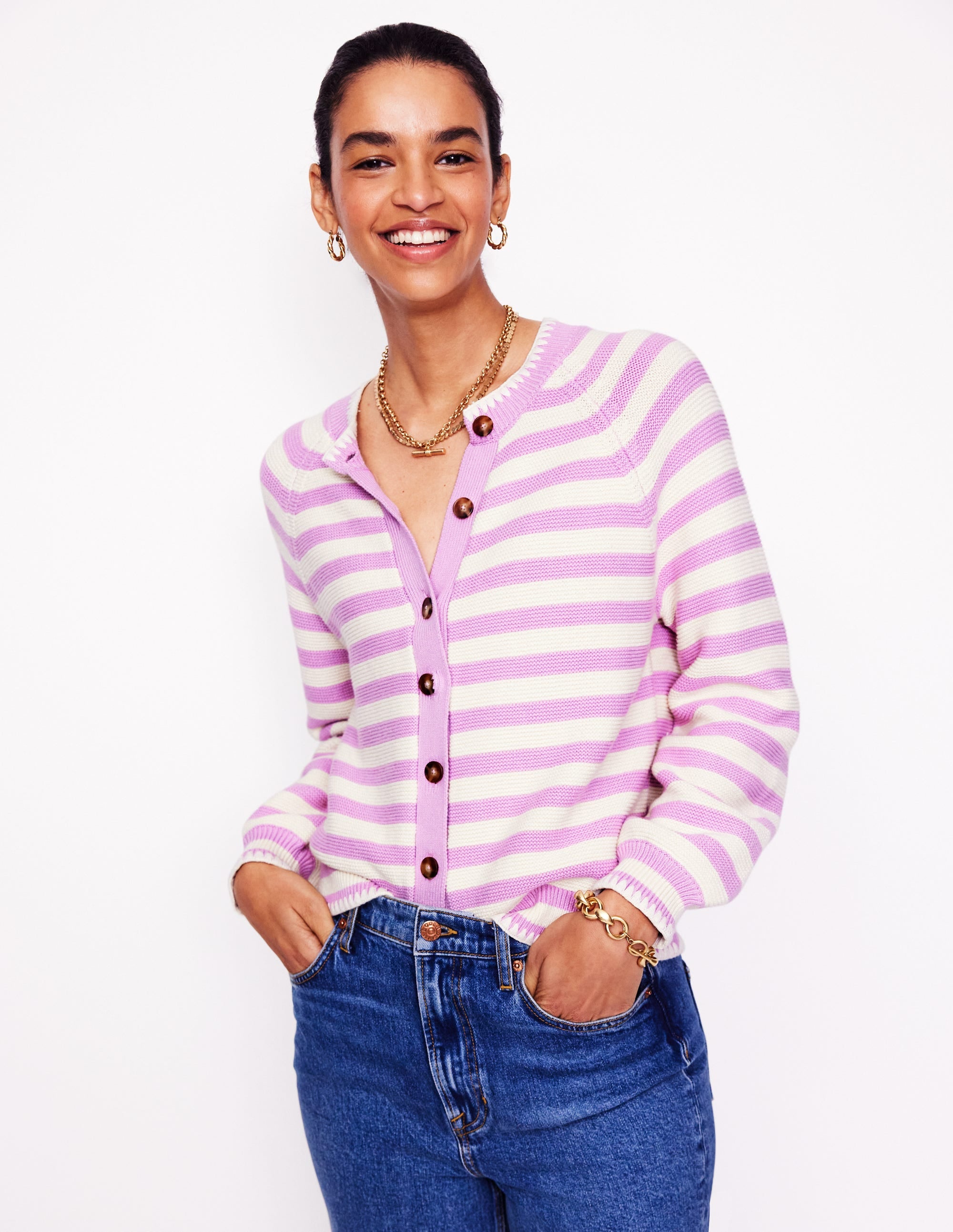 Lena Strickjacke mit Ziernaht-Sanftes Lavendel und Naturweiß Streifen - Image 1