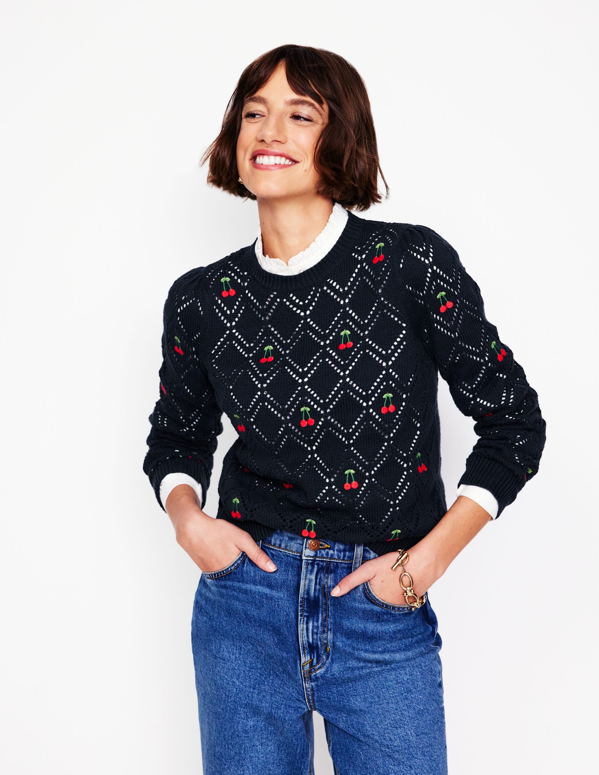 Enid Pullover mit Stickerei-Marineblau, Kirschen - Image 1