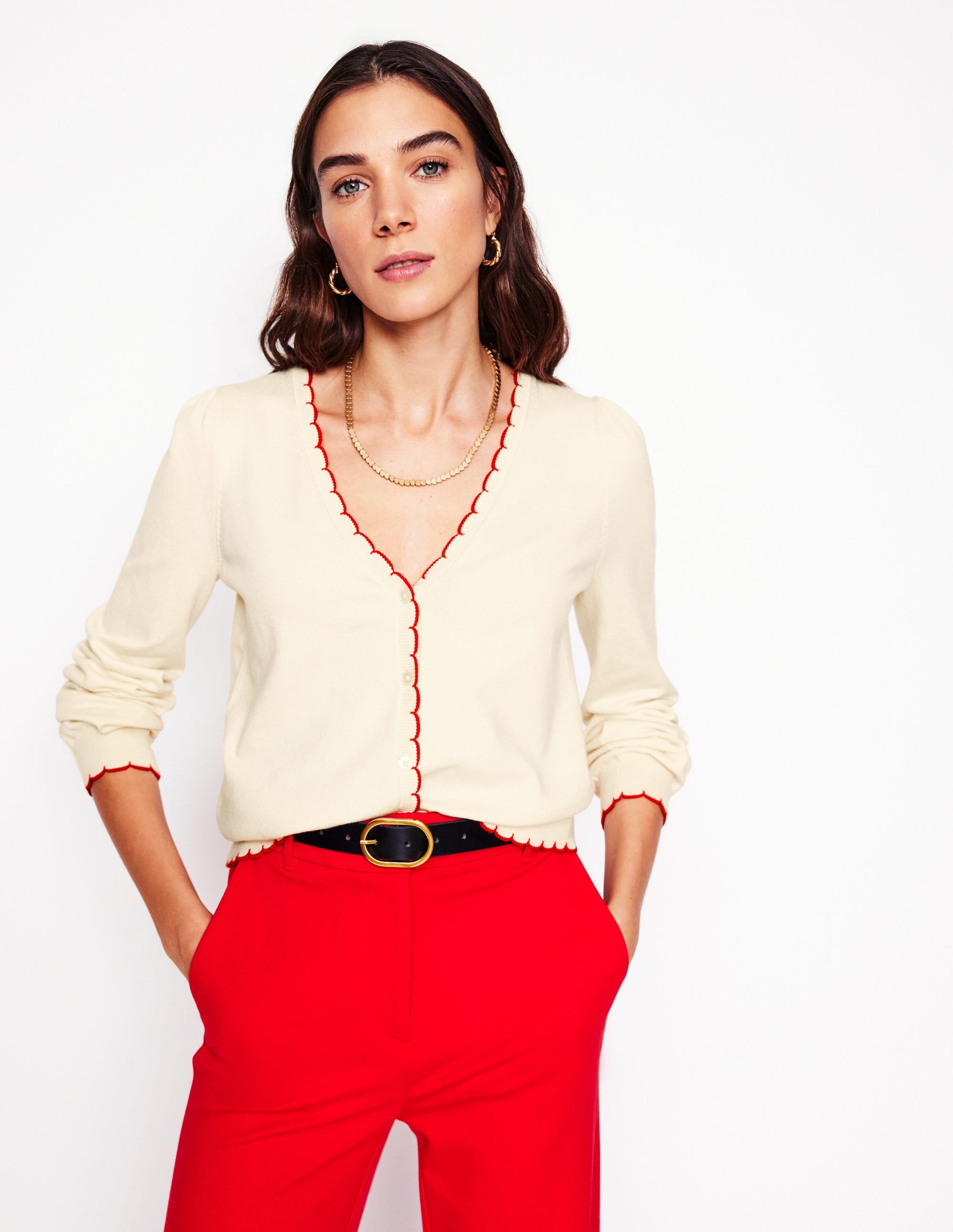 Pru Scallop Trim Cardigan-Warm Ivory - Image 1