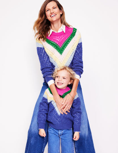 Alice Flauschiger Raglanpullover-Blau und Rosa Chevron