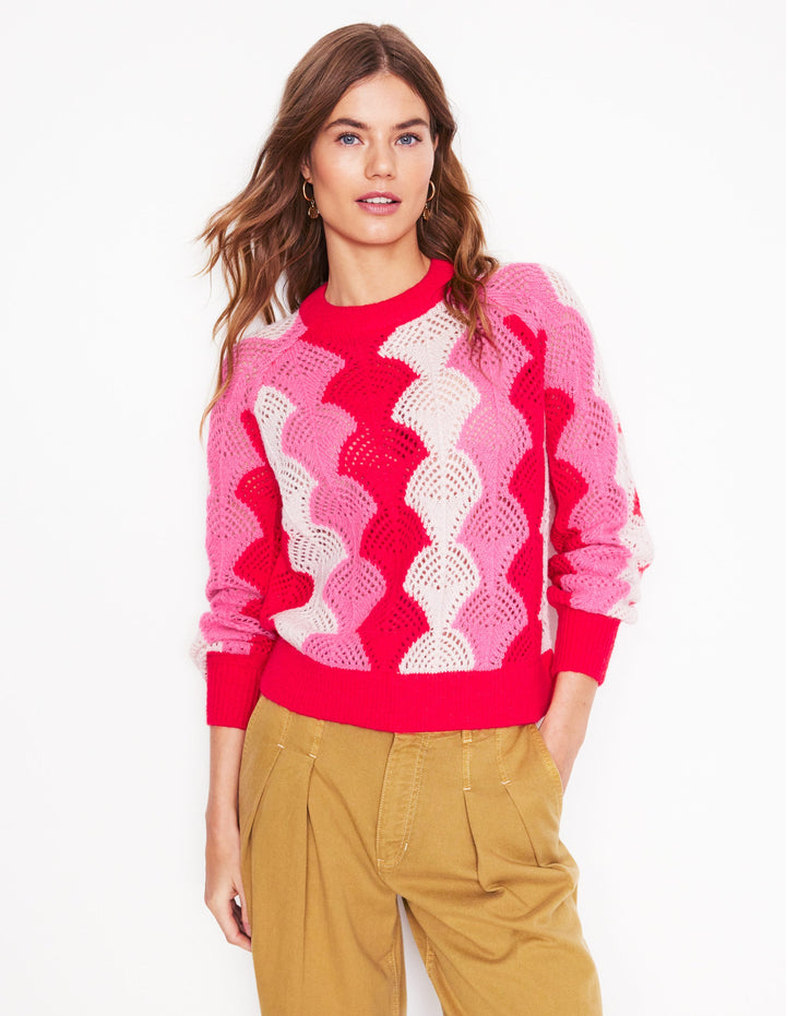 Alice Flauschiger Raglanpullover-Mohnblumenrot/ Kreide/ Prickelndes Pink