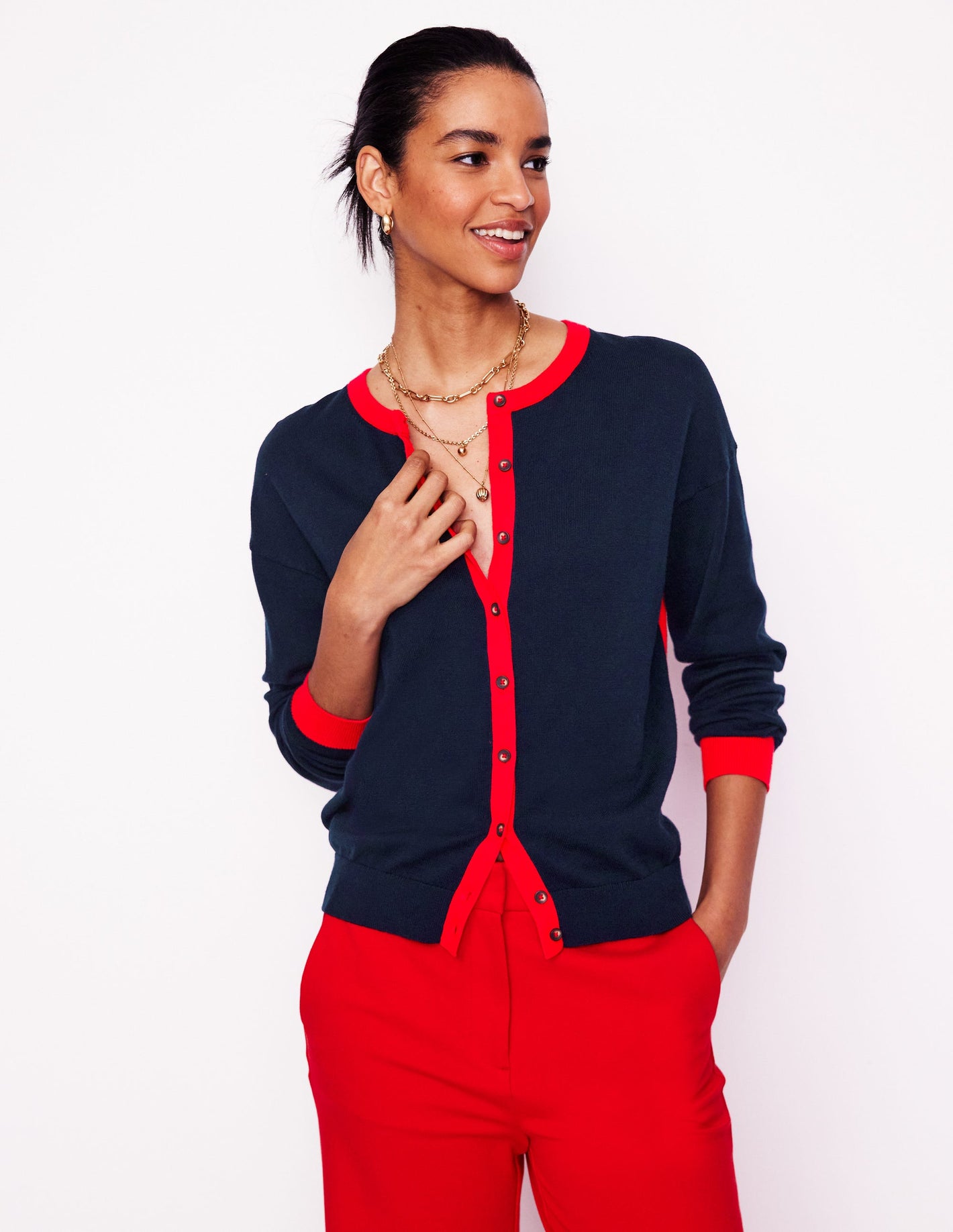 Cardigan décontracté Lara en coton-Bleu marine, rouge coquelicot