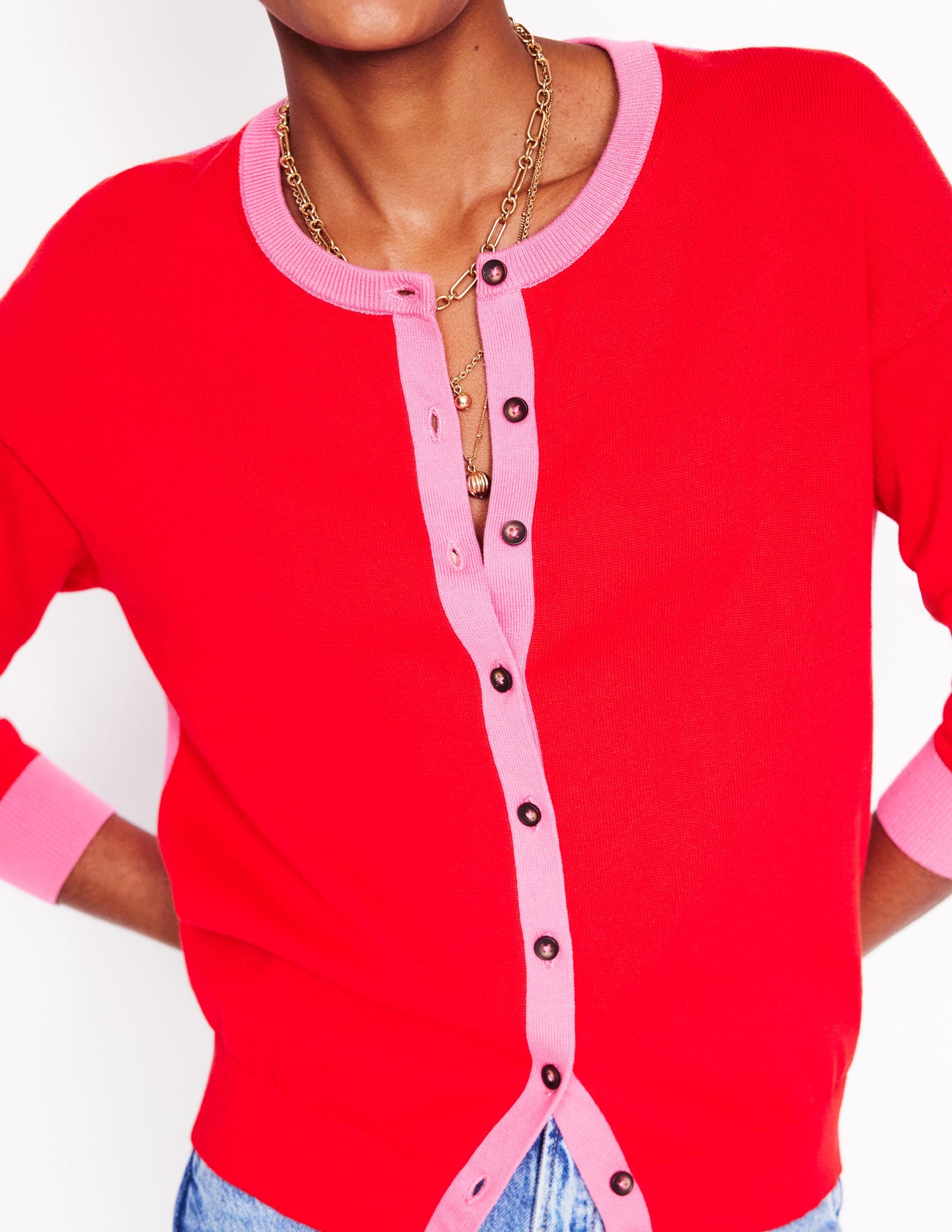 Cardigan décontracté Lara en coton-Rouge haut risque, rose carmin