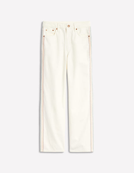 High Rise Straight Crop Jeans-Off White w/ Embroidery