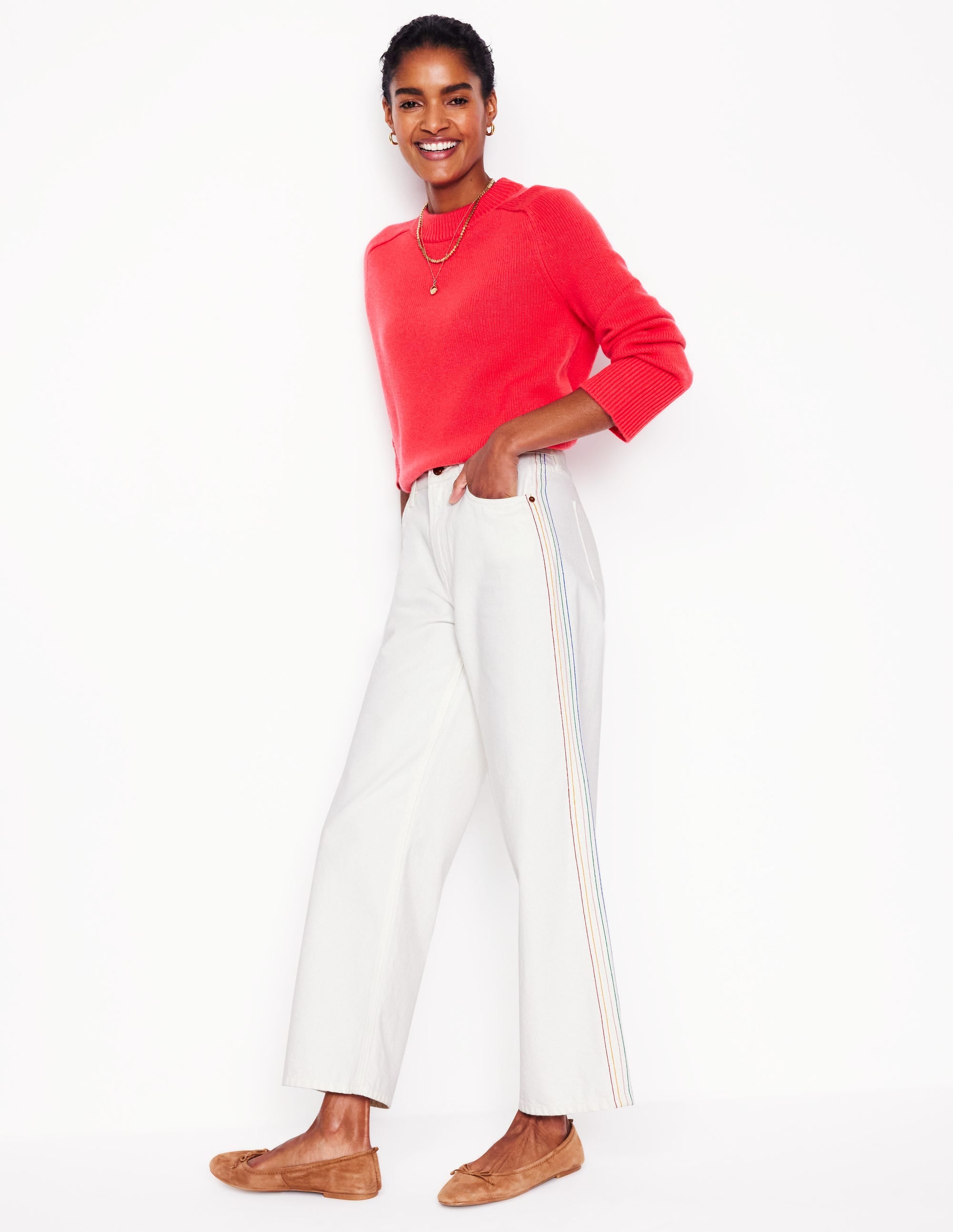 Kurze Jeans mit hohem Bund und geradem Beinschnitt-Cremeweiß mit Stickerei - Image 1