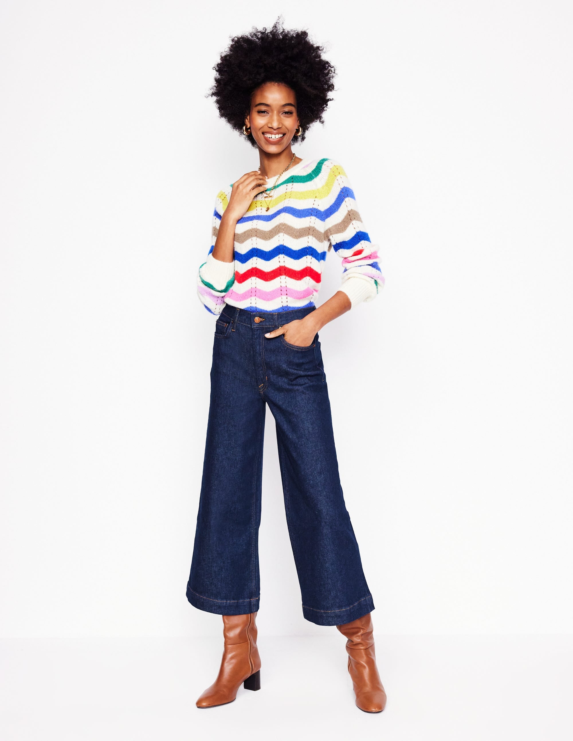 Weite, verkürzte Jeans mit hohem Bund-Indigo Waschung - Image 1