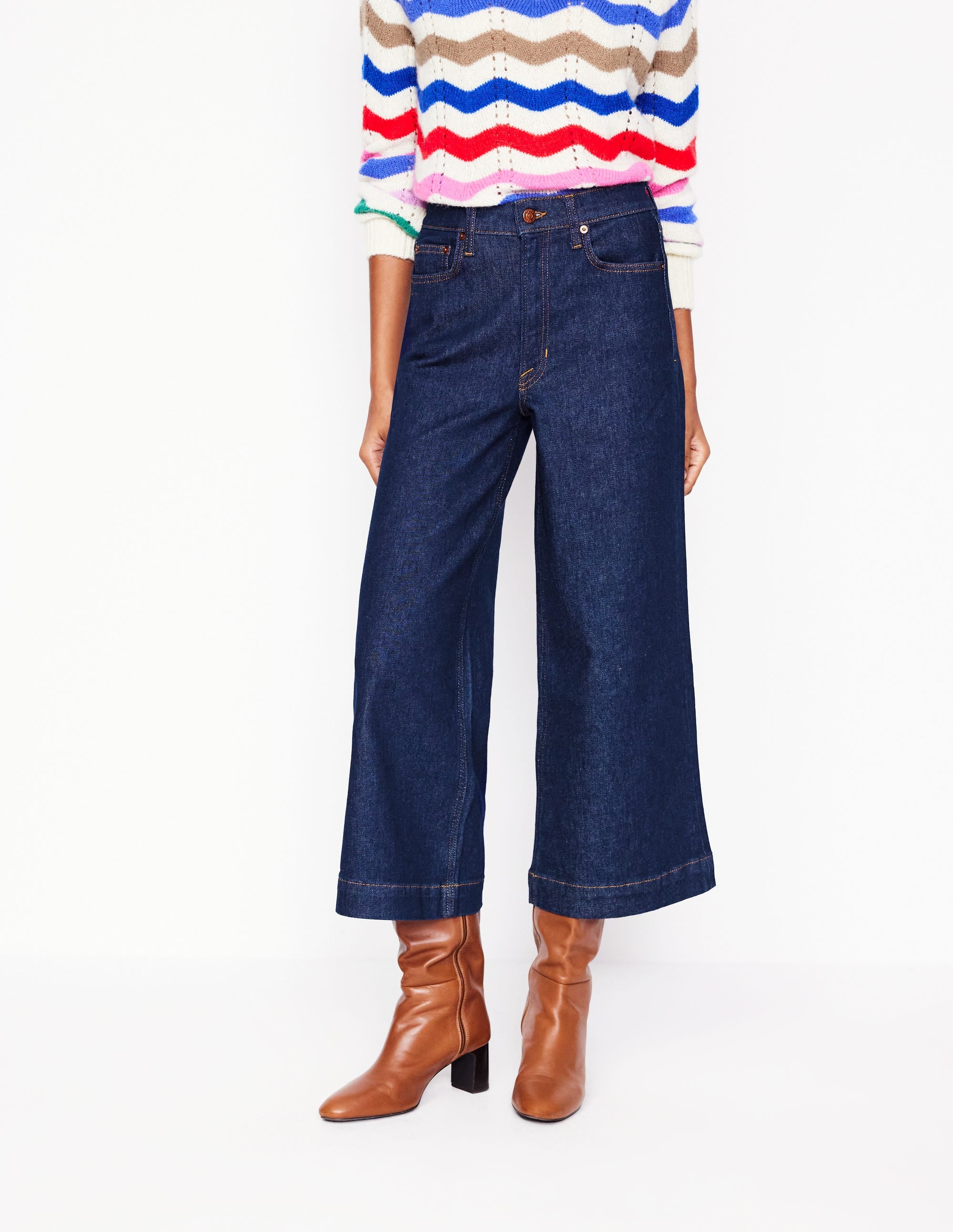 Weite, verkürzte Jeans mit hohem Bund-Indigo Waschung - Image 6