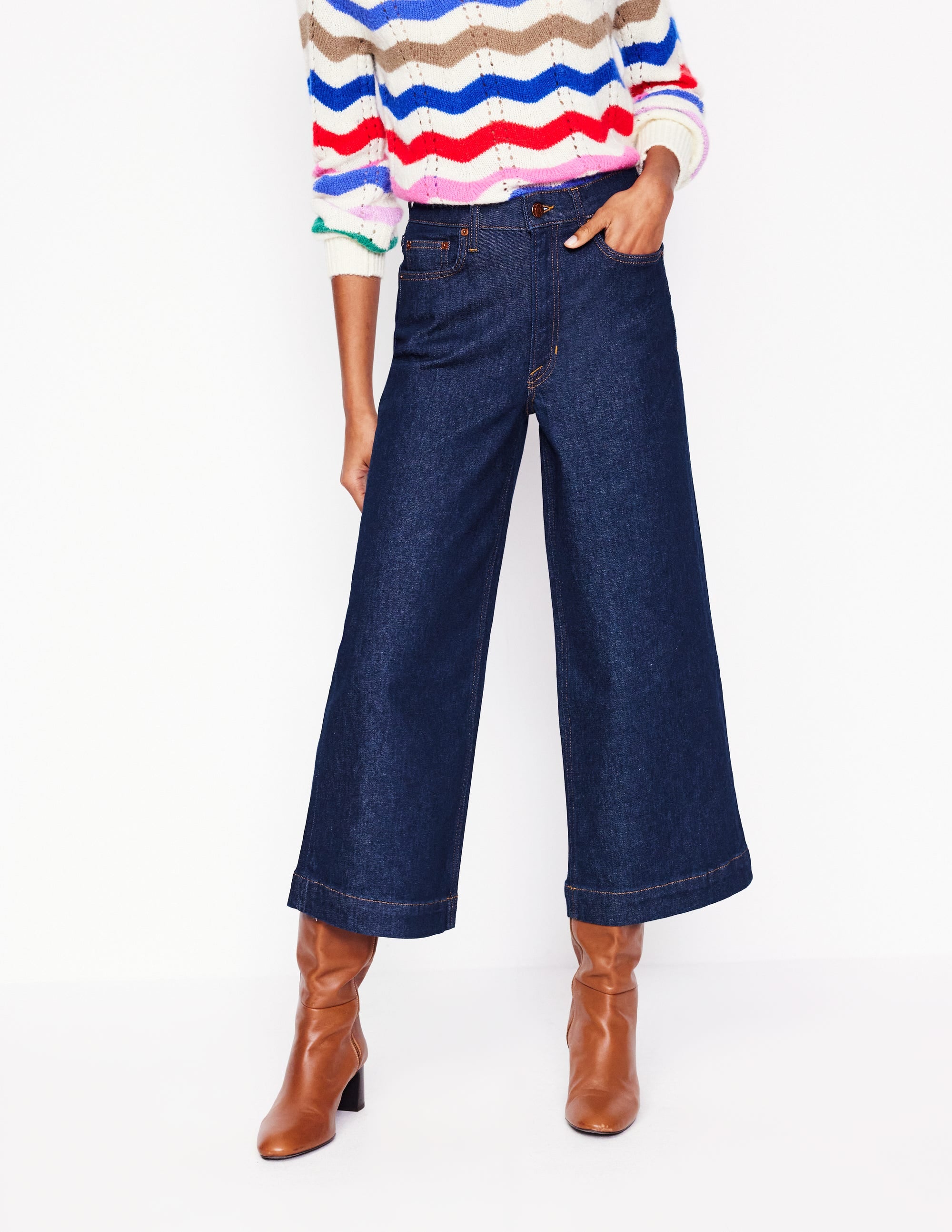 Weite, verkürzte Jeans mit hohem Bund-Indigo Waschung - Image 7