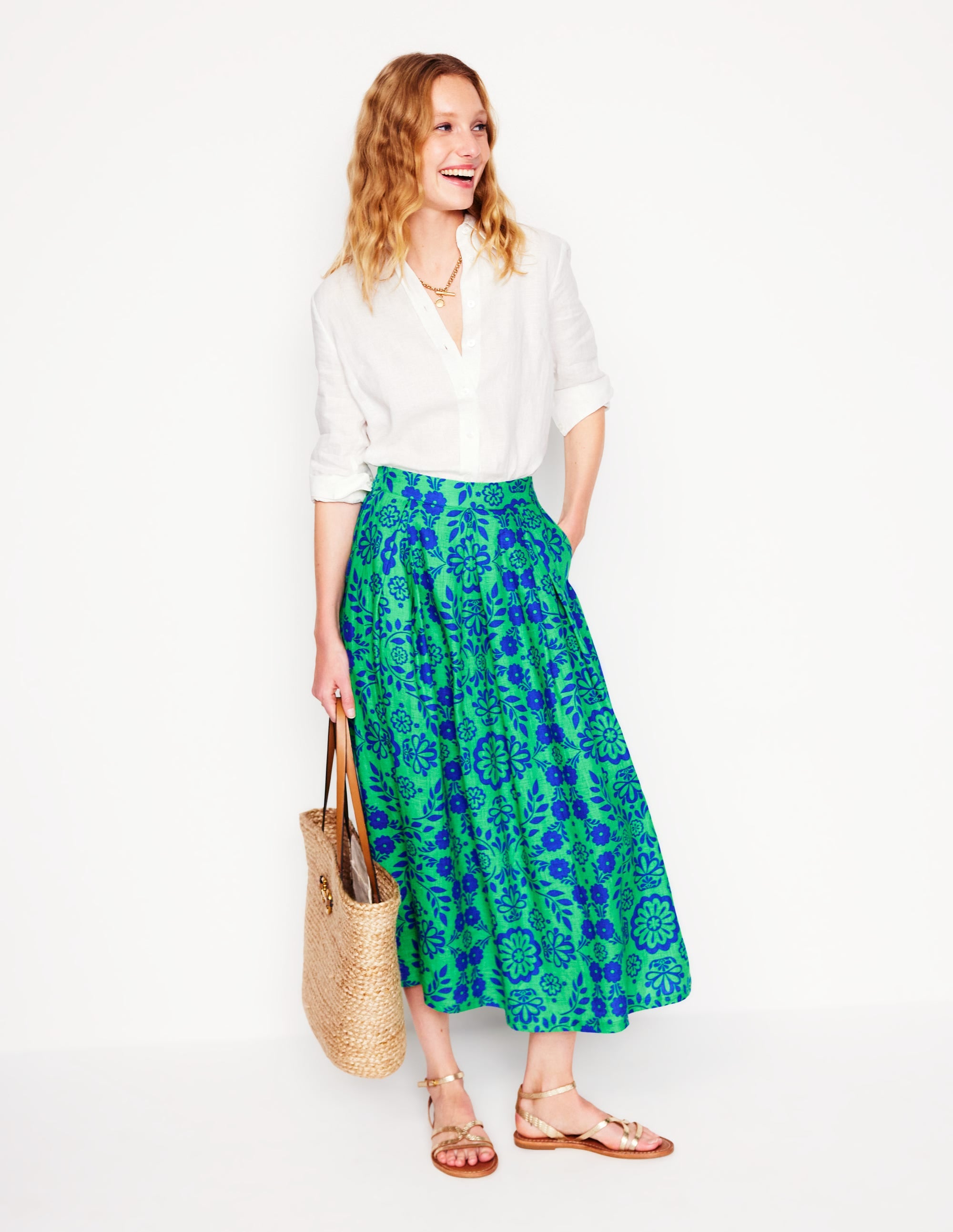 Jupe midi Verity en lin-Motif Structured Meadow mono - Image 1