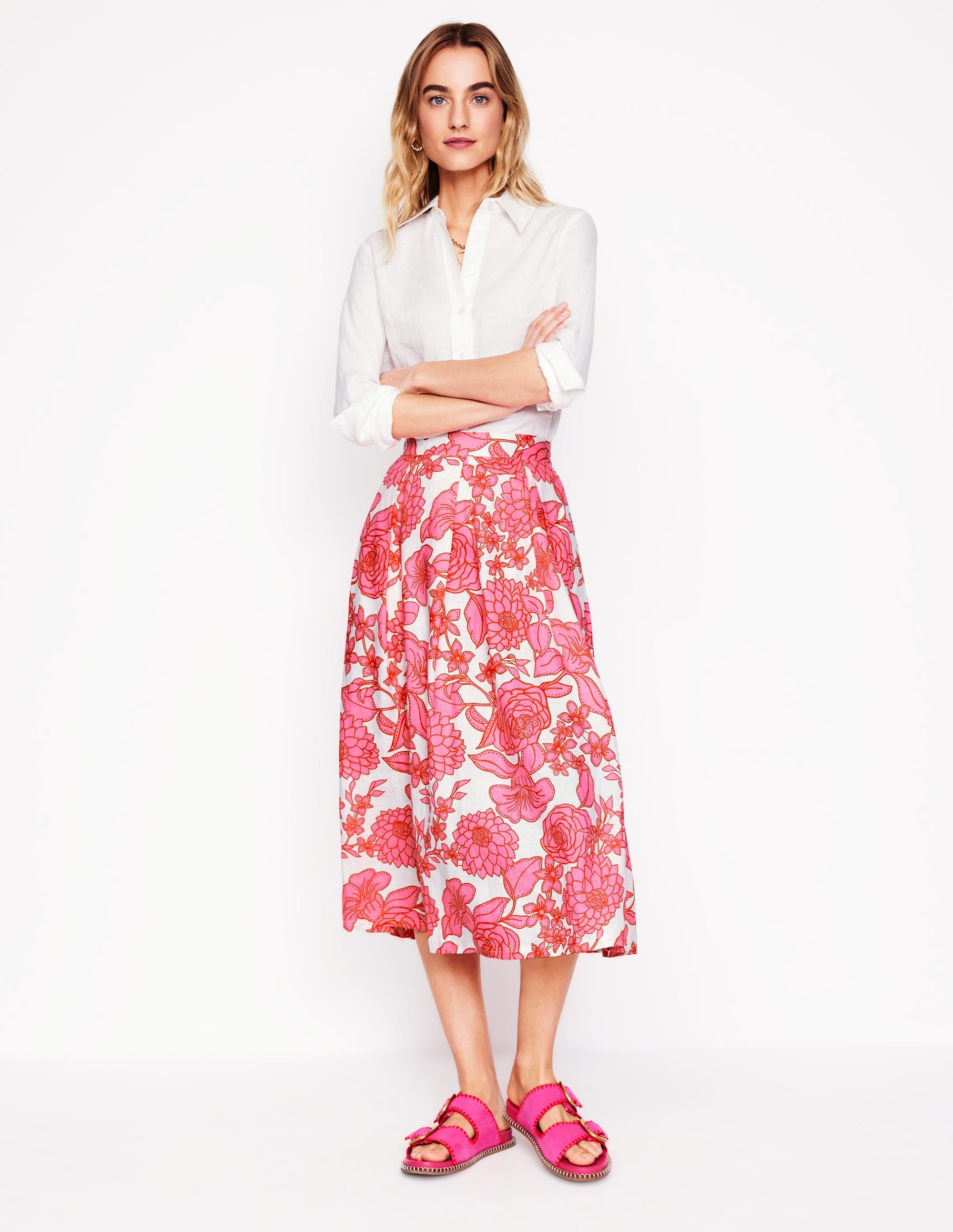 Jupe midi Verity en lin-Rose, motif Blossom Cascade - Image 1