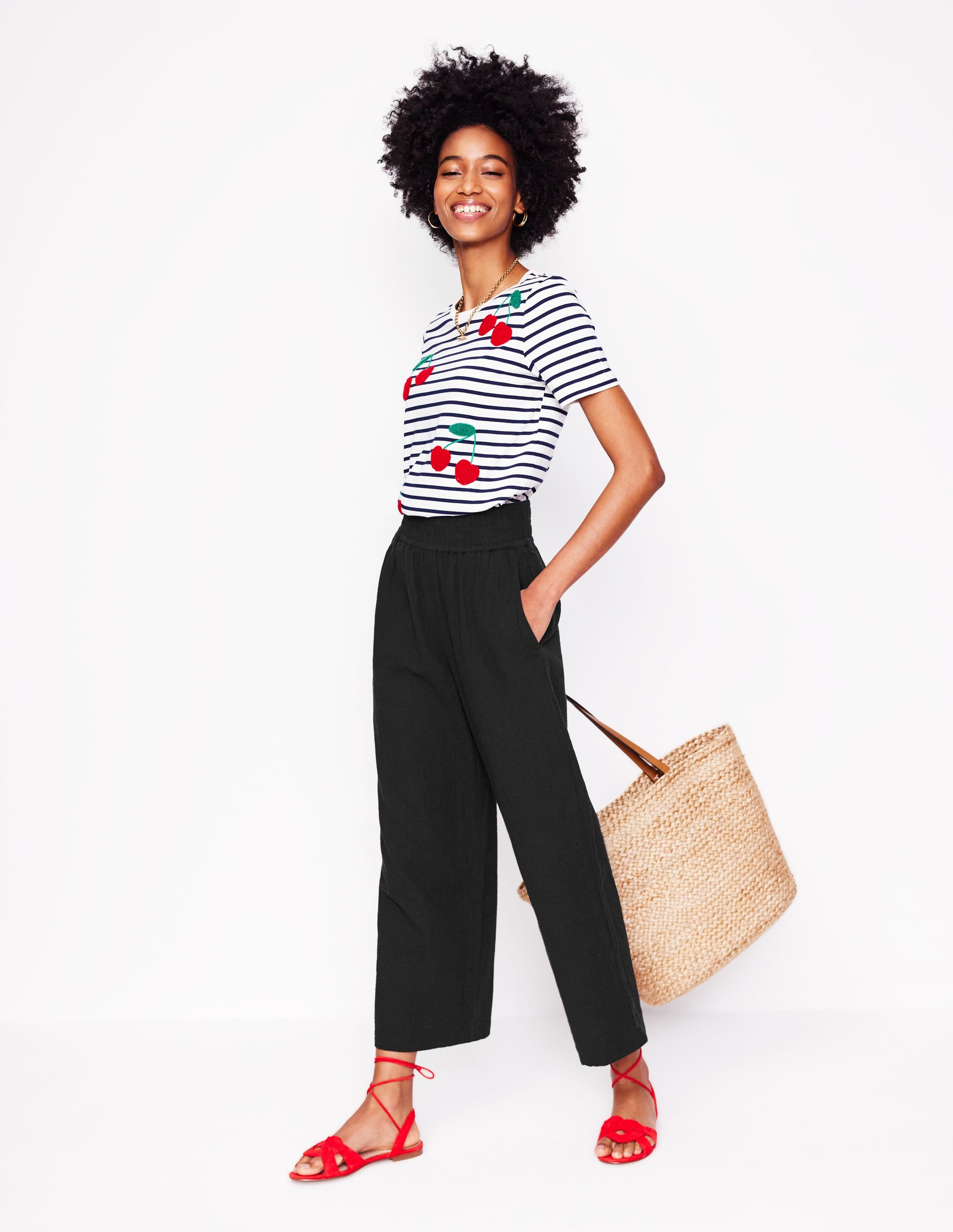 Cropped Double Cloth Trousers-Black - Image 1