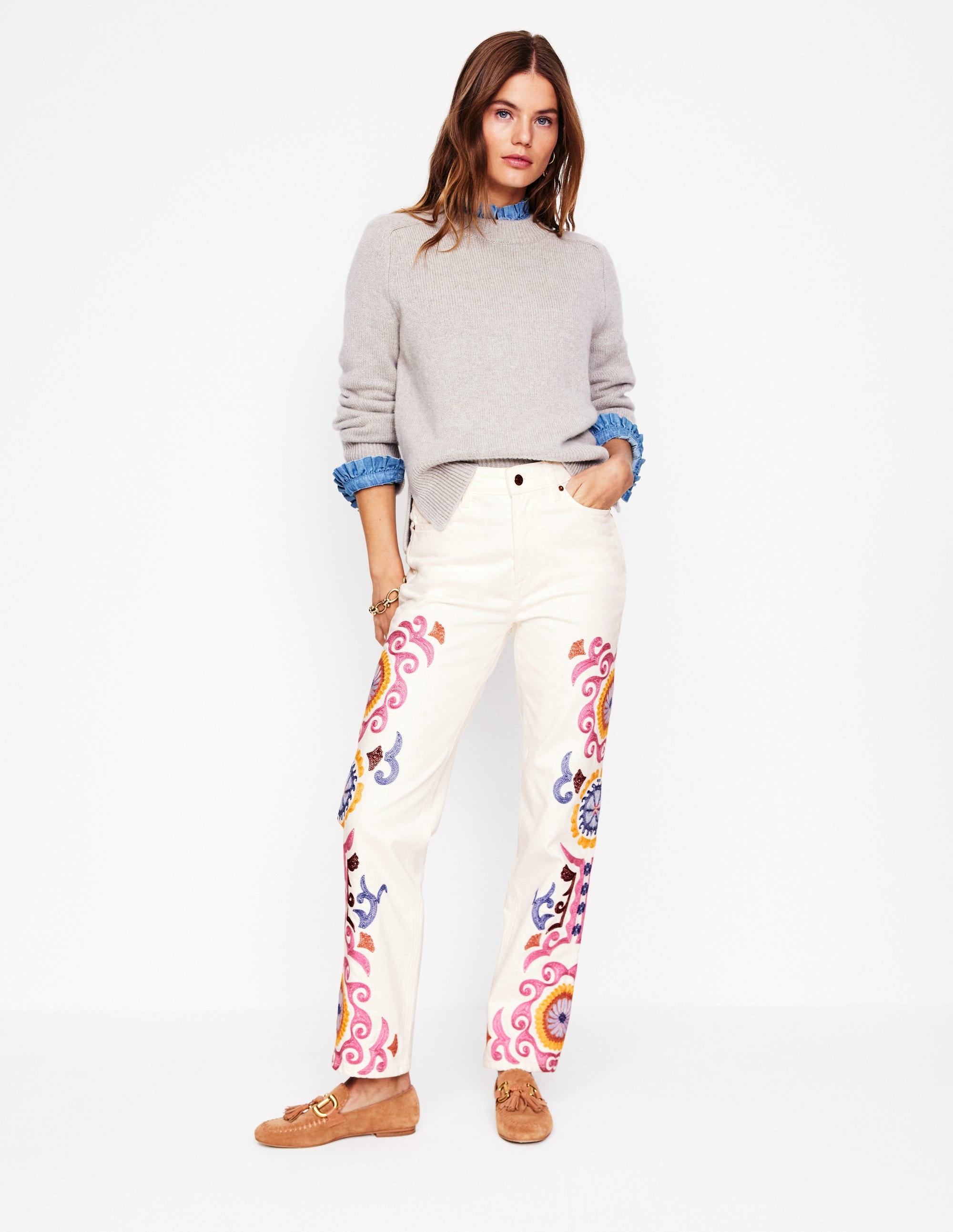 High Rise Embroidered Jeans-White Embroidery - Image 1