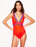 Maillot de bain col V Porto-Zigzag rouge feu
