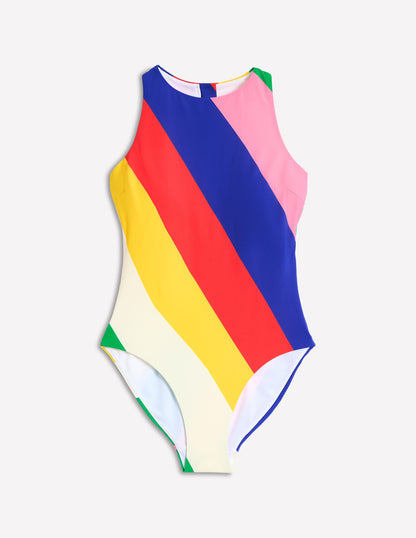 Sporty Zip Back Swimsuit-Multi, Rainbow Cascade