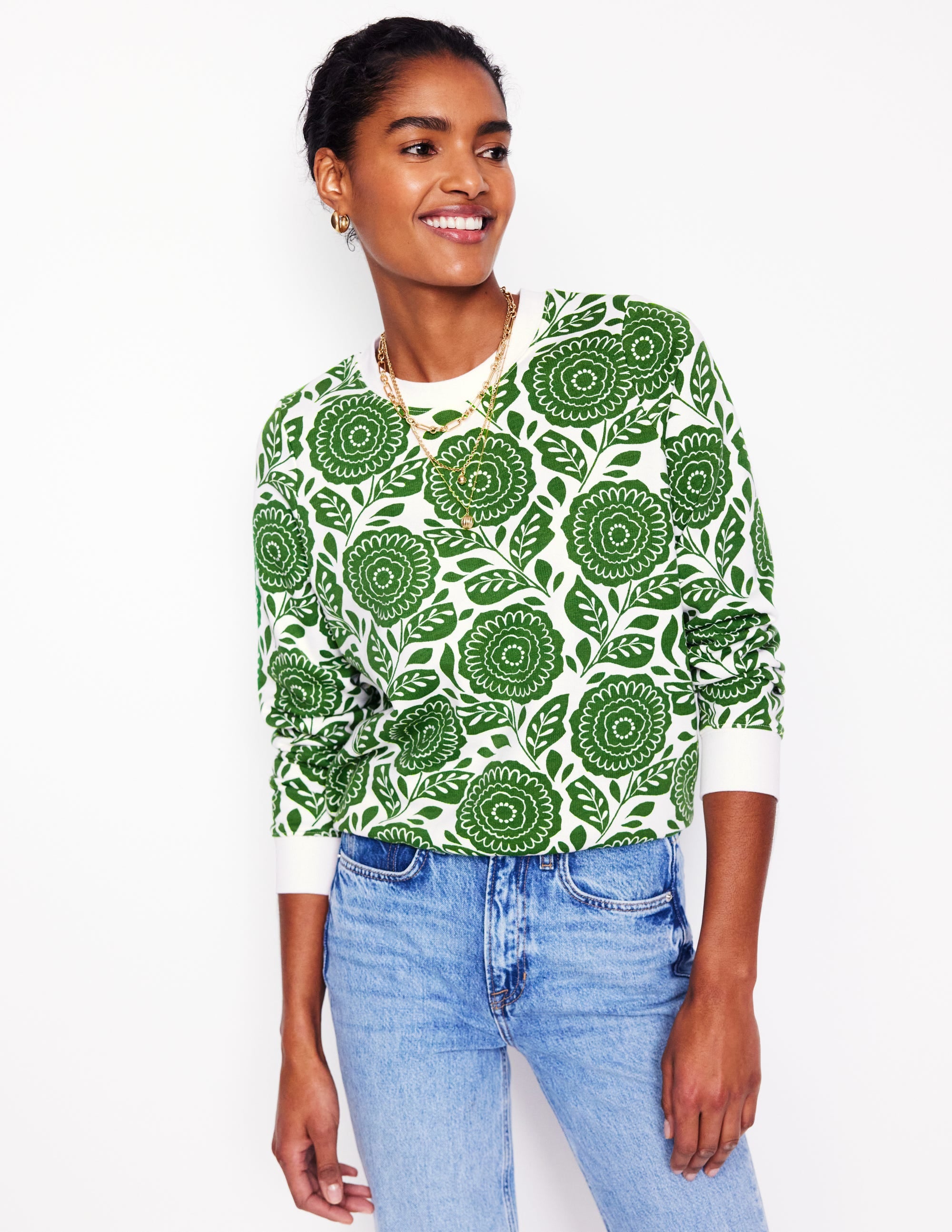 Hannah Sweatshirt mit Print-Paradiesgrün, Dahlienstempel - Image 4