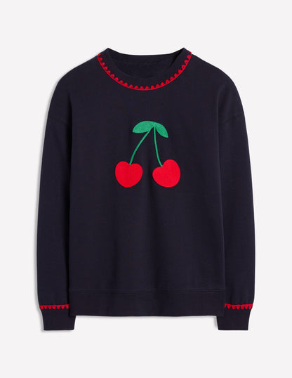 Emi Embroidered Sweatshirt-Navy, Cherries