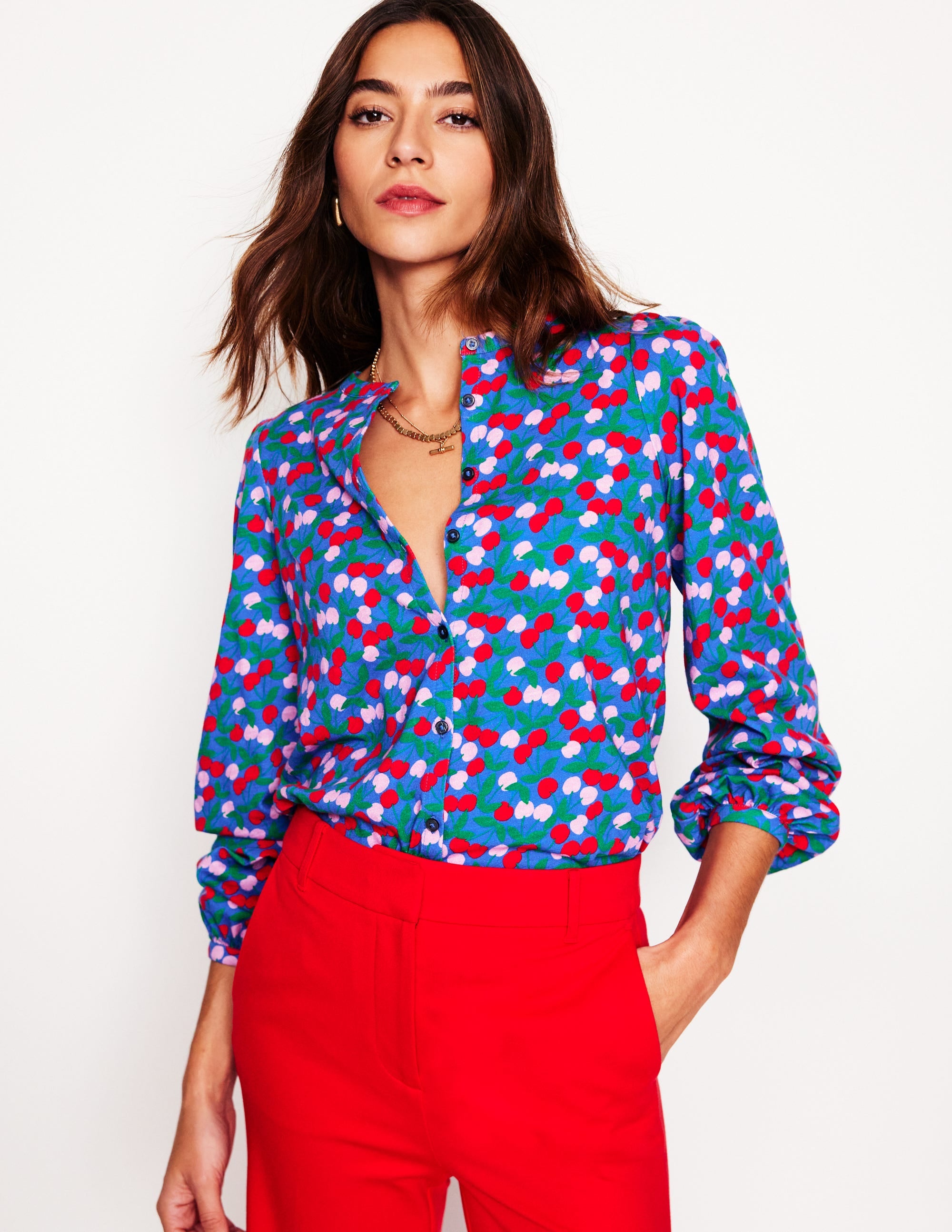 Chemise Marina en jersey-Bleu vif, motif Cherry Cascade - Image 1