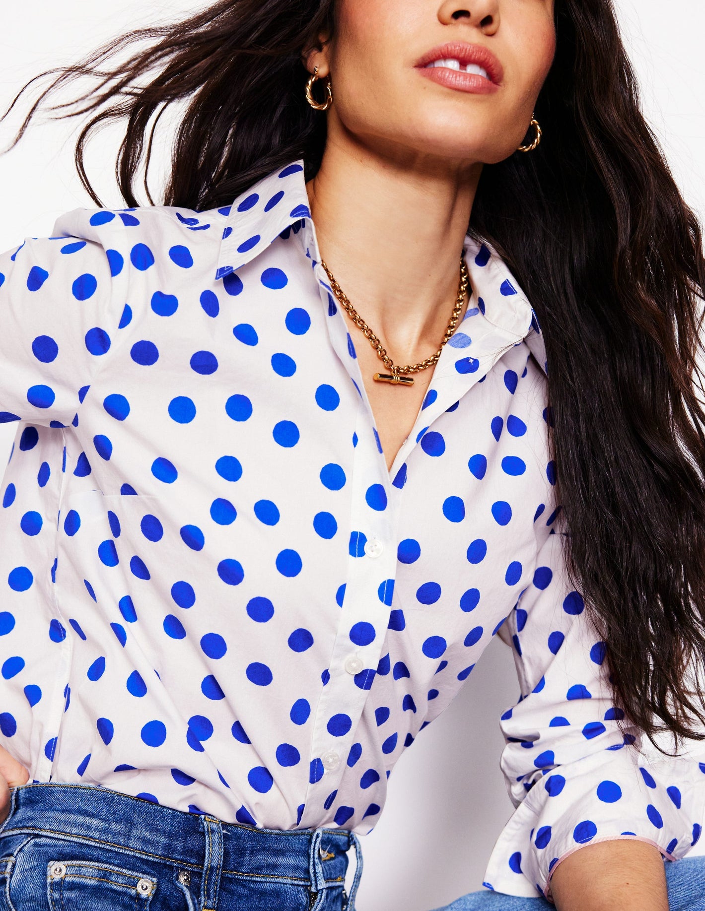 Sienna Cotton Shirt-Ivory, Blue Abstract Dot