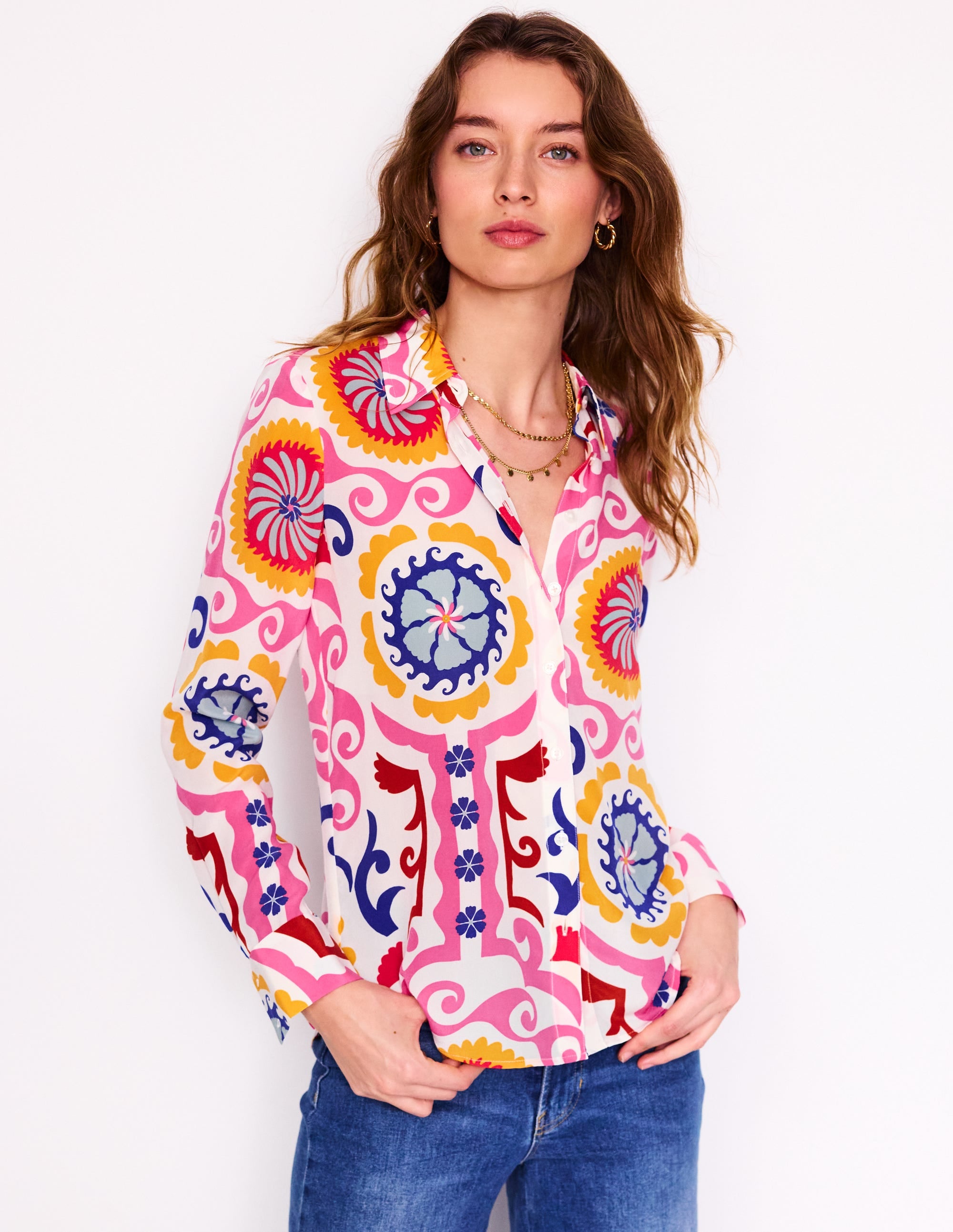 Chemise Sienna en soie-Multi, motif Ornamental Wave - Image 1
