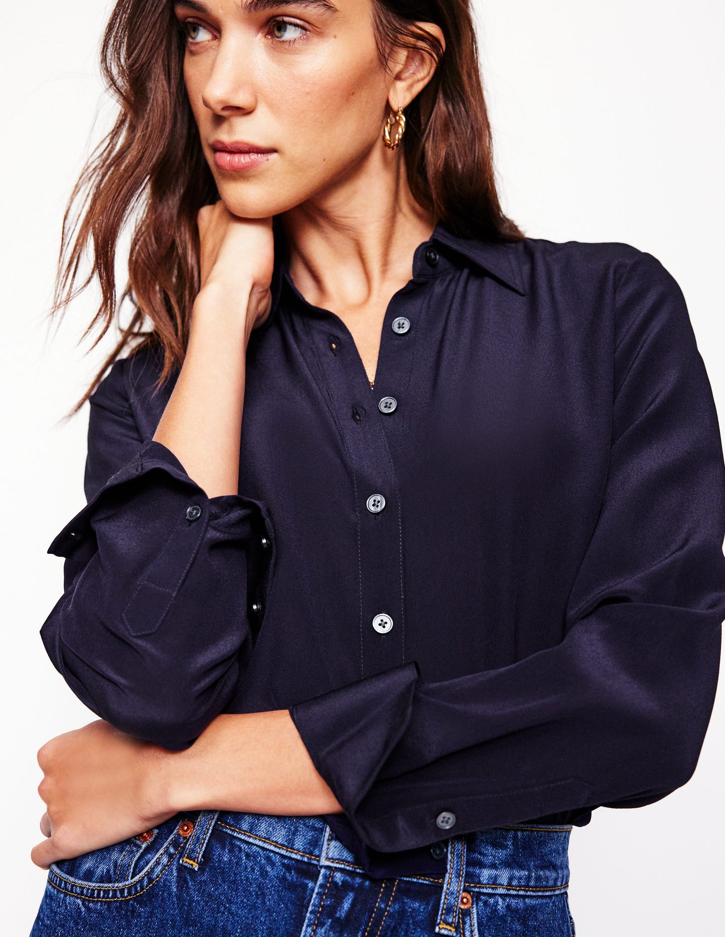 Chemise Sienna en soie-Bleu Marine, Petits Pois