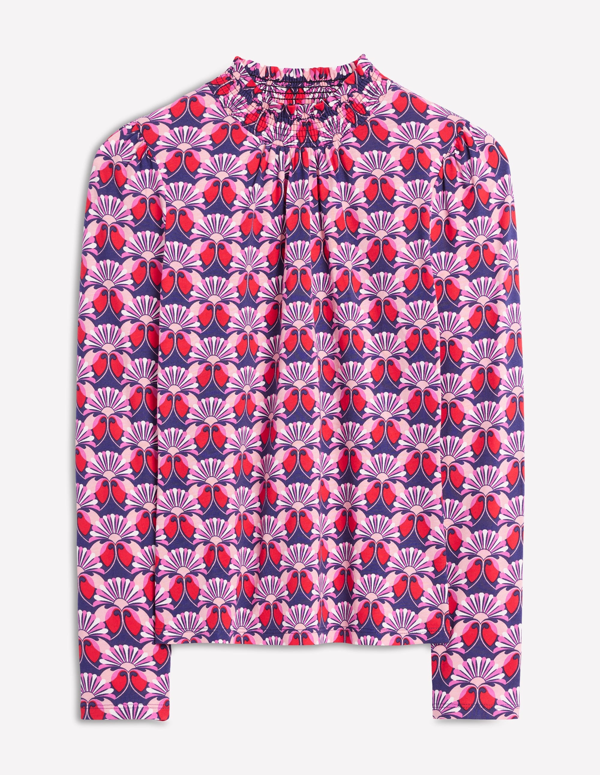 Top imprimé à col smocké-Rouge coquelicot, motif Daisy Bloom Geo - Image 5