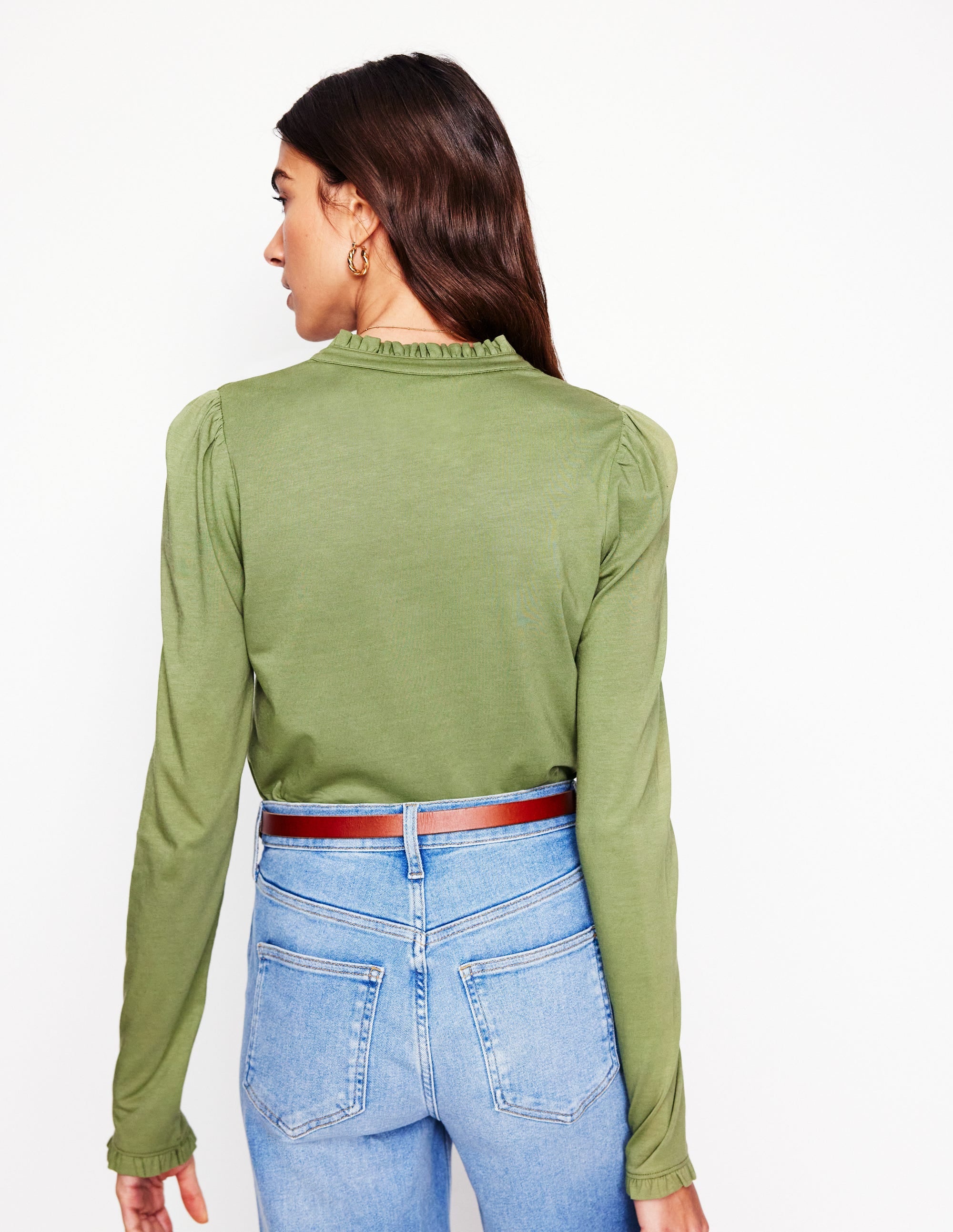 Supersoft Frill Henley Top-Larch Green - Image 3