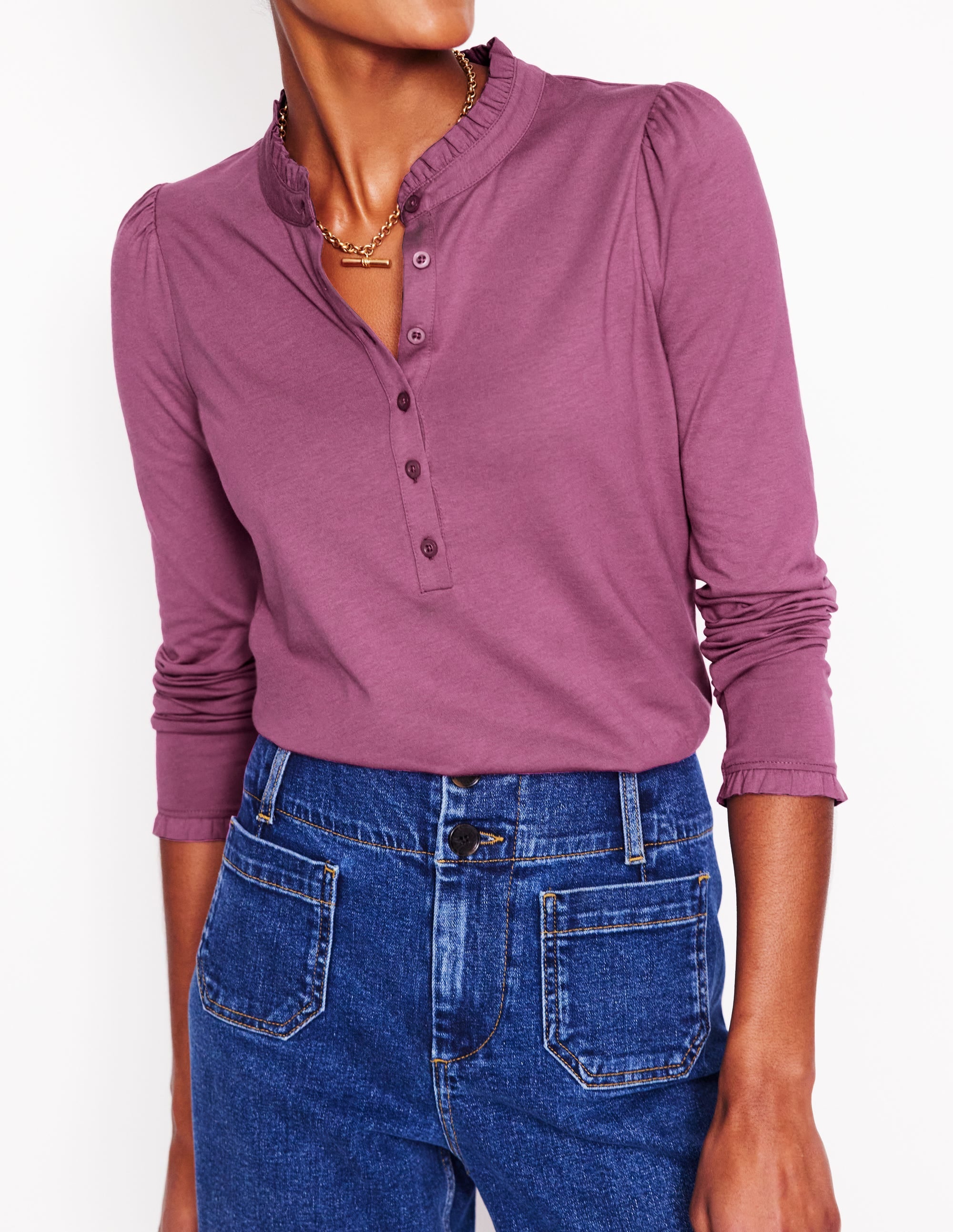 Top ultra-doux à col tunisien et volants-Violet prune de Damas - Image 2
